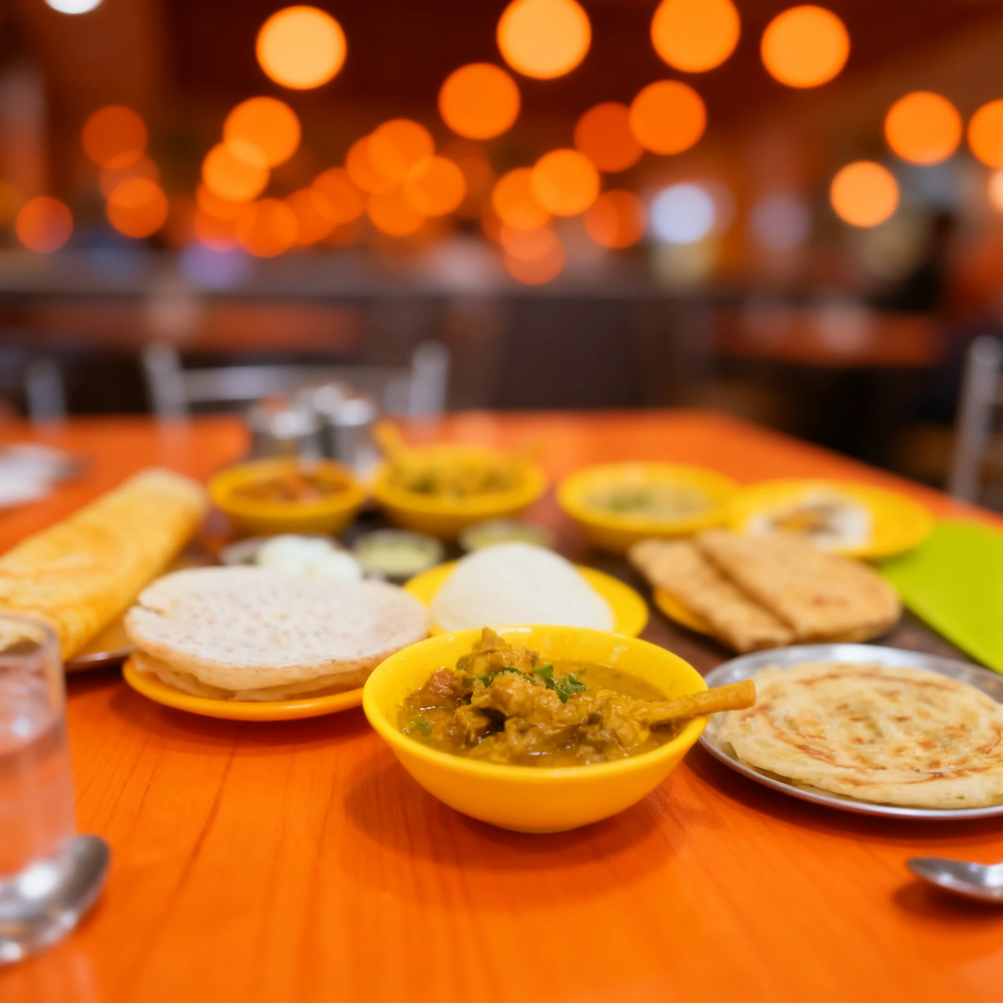 A South Indian spread featuring a large crisp dosa, idli, appam, idiyappam, and various paratha, served alongside mutton curry, vegetable stew, hard-boiled eggs