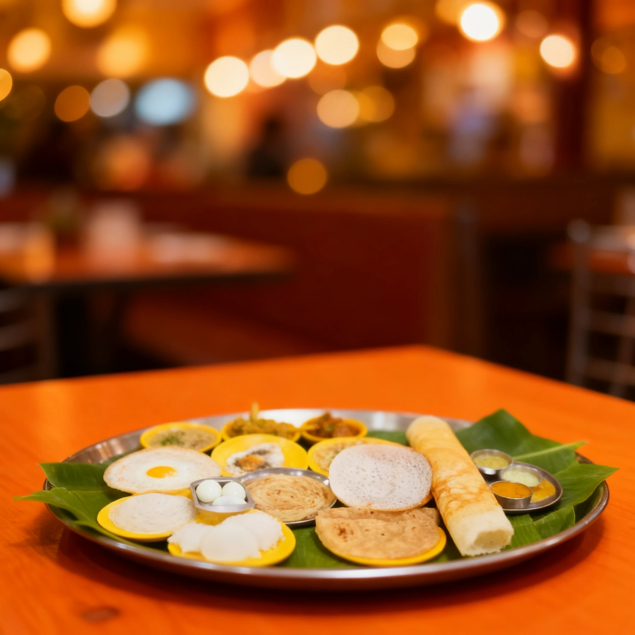 A South Indian platter served on banana leaves featuring a long masala dosa, idli, appam with fried egg, parotta, chapati, string hoppers, and boiled eggs, acco