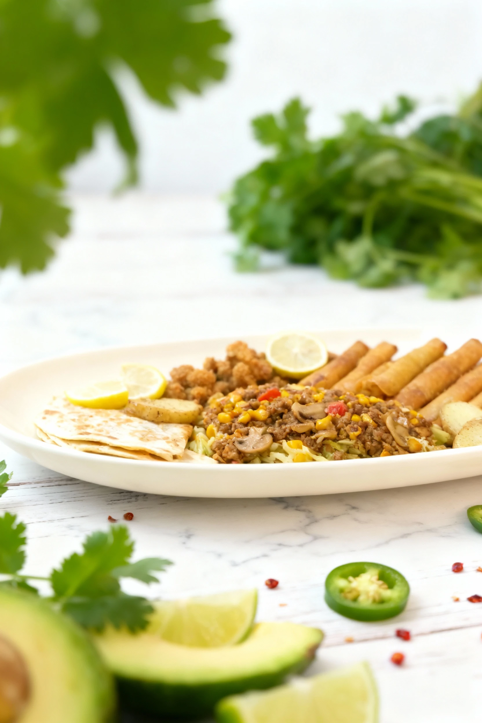 This large appetizer platter features crispy fried bites with lemon slices, a mixture of seasoned ground beef, corn, and mushrooms, a stack of golden spring rol