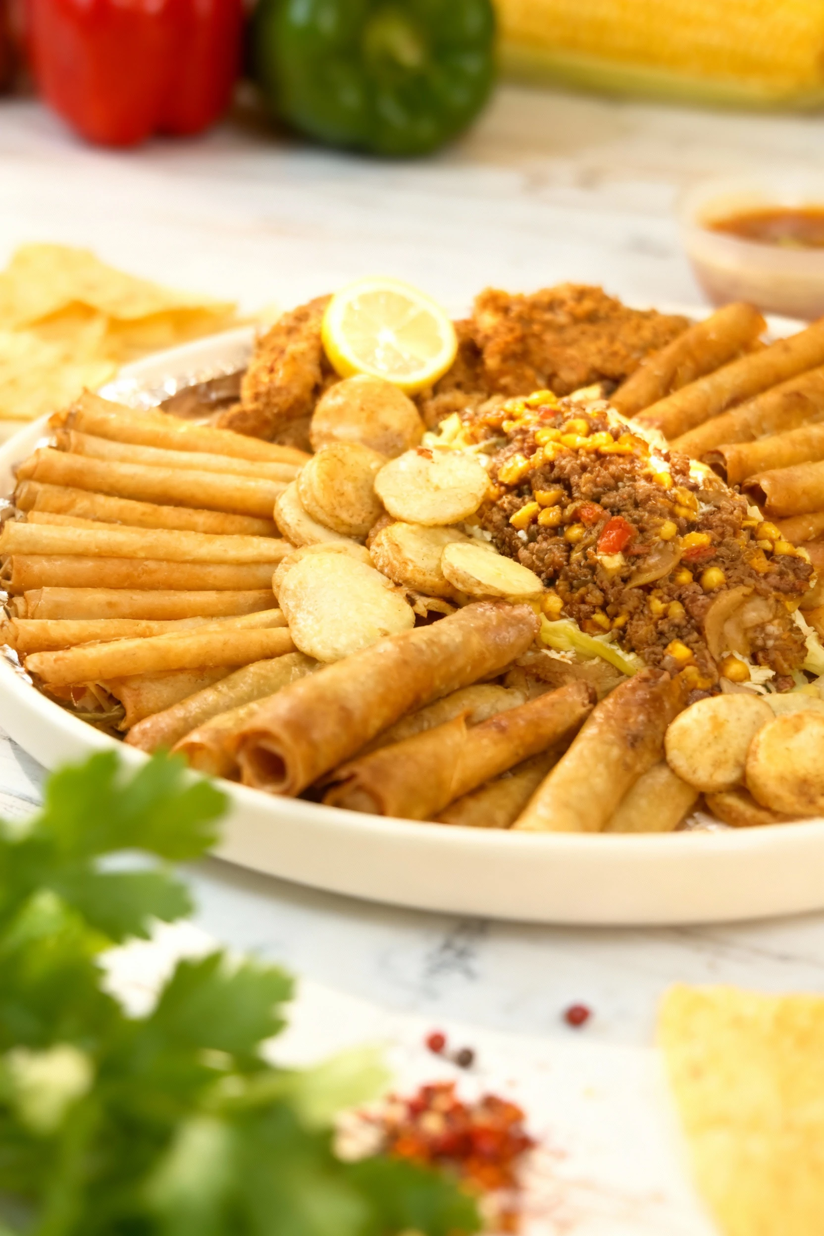 A large assorted catering platter featuring an outer ring of fried savory rolls and slices of fried potatoes surrounding a central mound of seasoned ground meat