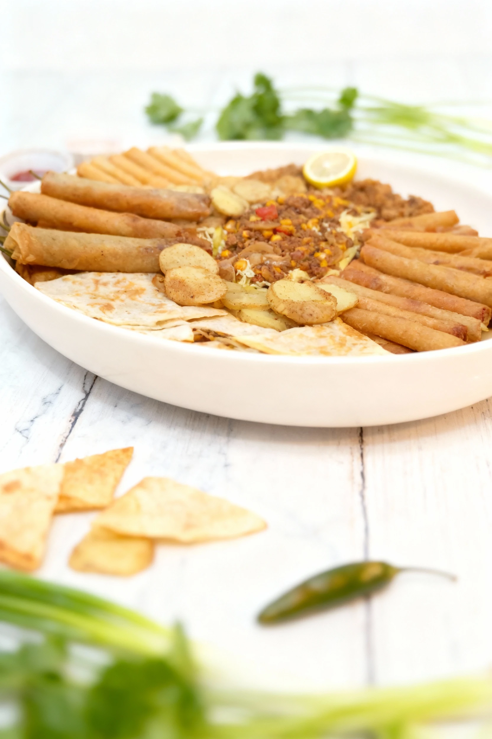 A large catering platter featuring a central mound of seasoned ground meat, corn, and mushrooms over fries, surrounded by an assortment of snacks including gold