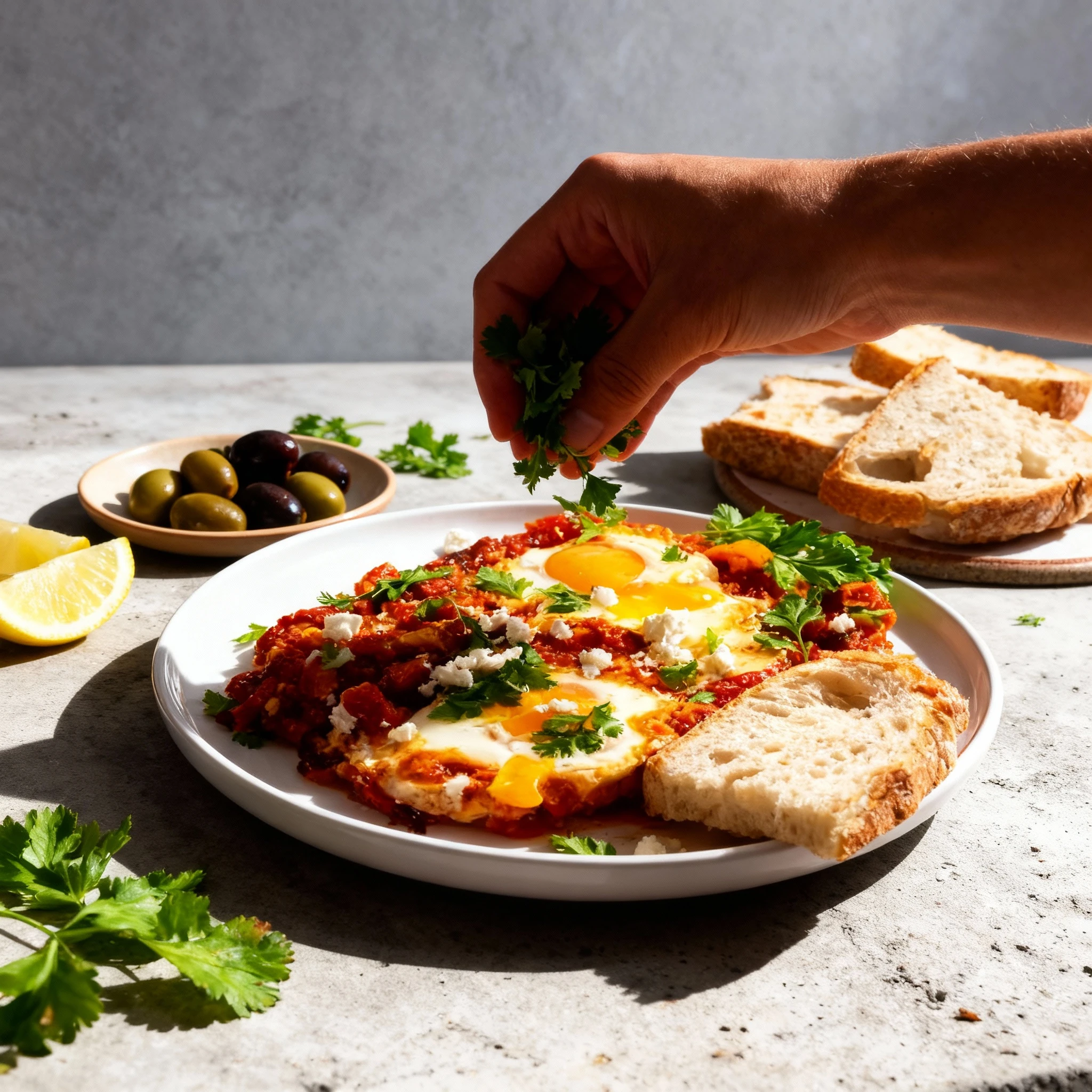 Shakshuka, featuring poached eggs baked in a vibrant tomato and pepper stew, is topped with crumbled feta cheese and fresh parsley. The dish is served on a whit