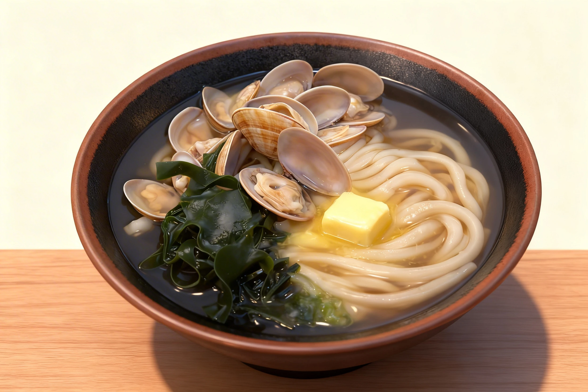 Clam udon noodle soup served in a clear broth with wakame seaweed and a square of melting butter.