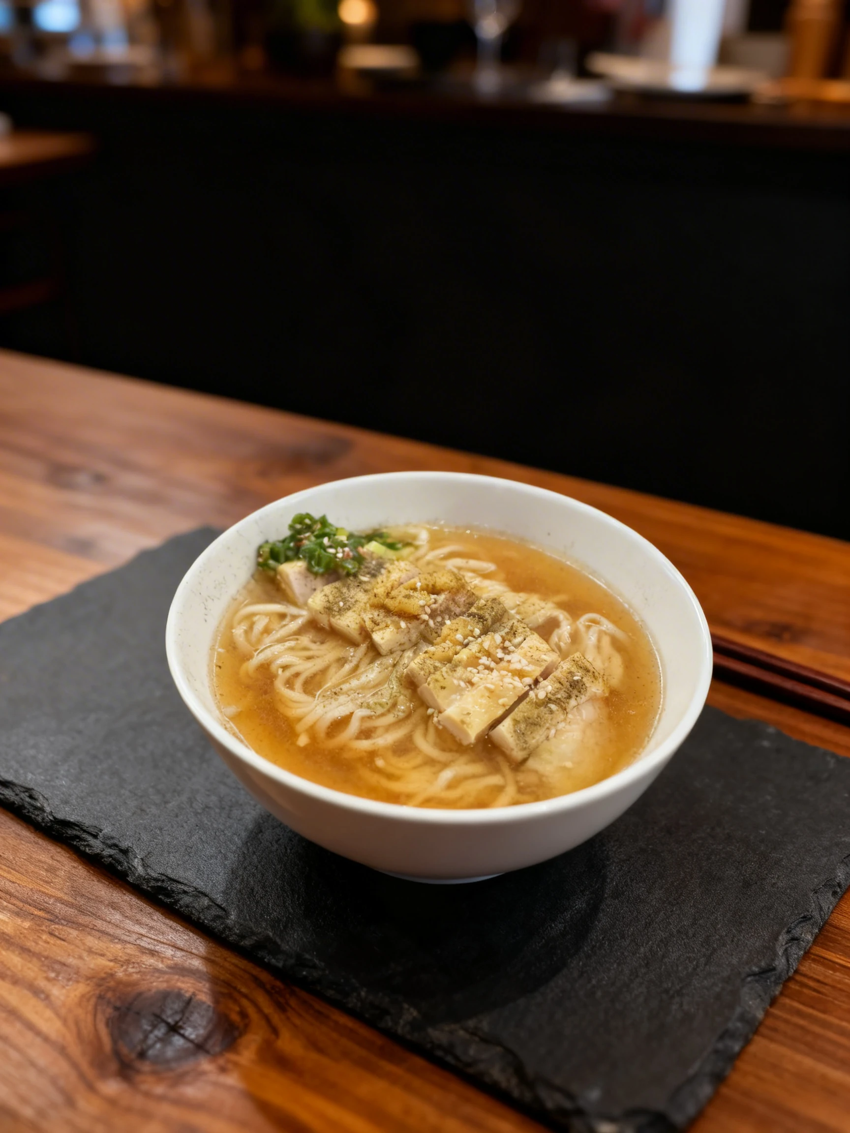 Ramen noodle soup with sliced chicken breast, sesame seeds, and chopped scallions in a light broth.