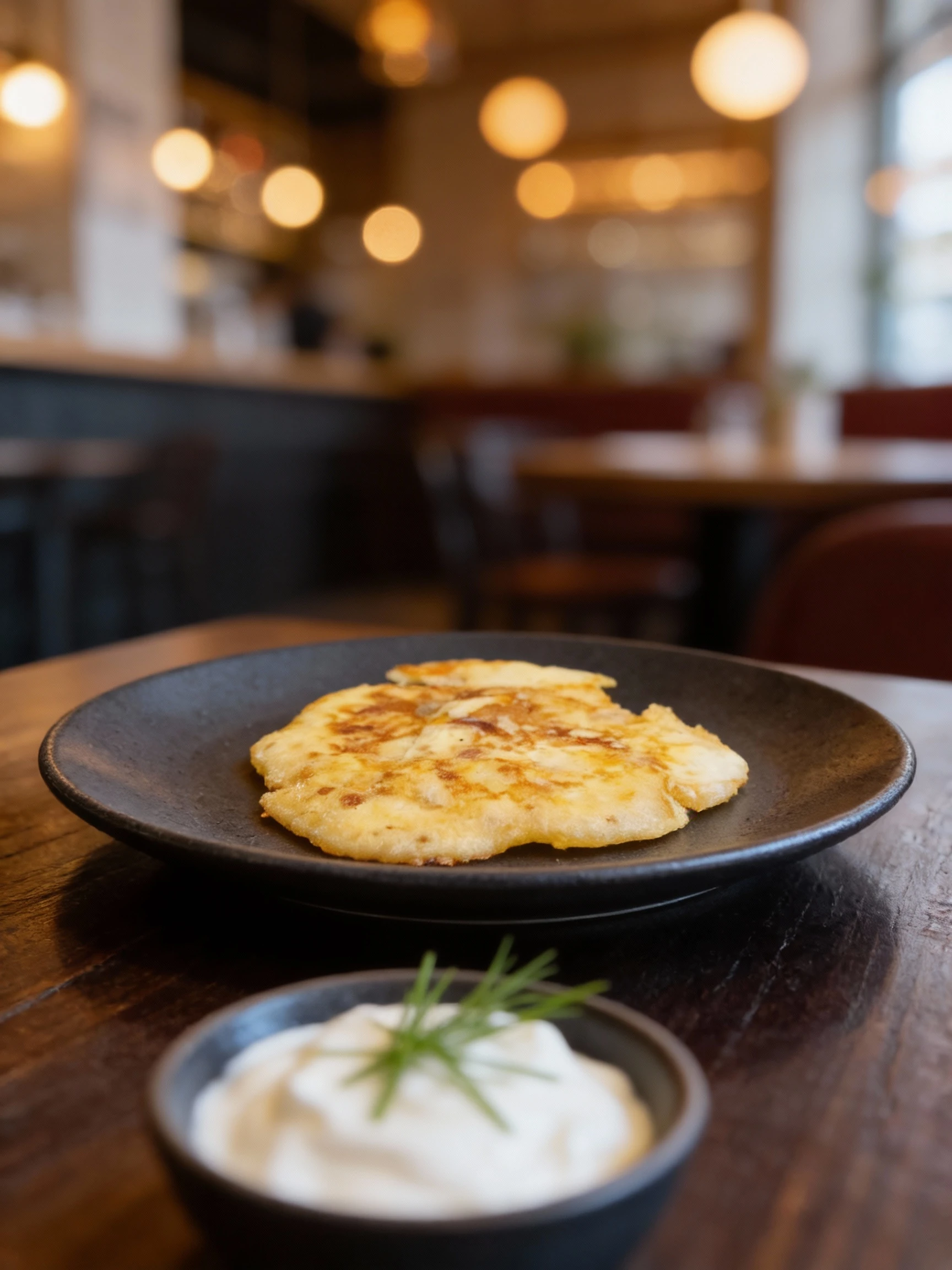 A large, irregular fritter or potato pancake is being fried in a black non-stick pan, showing areas of golden-brown color.