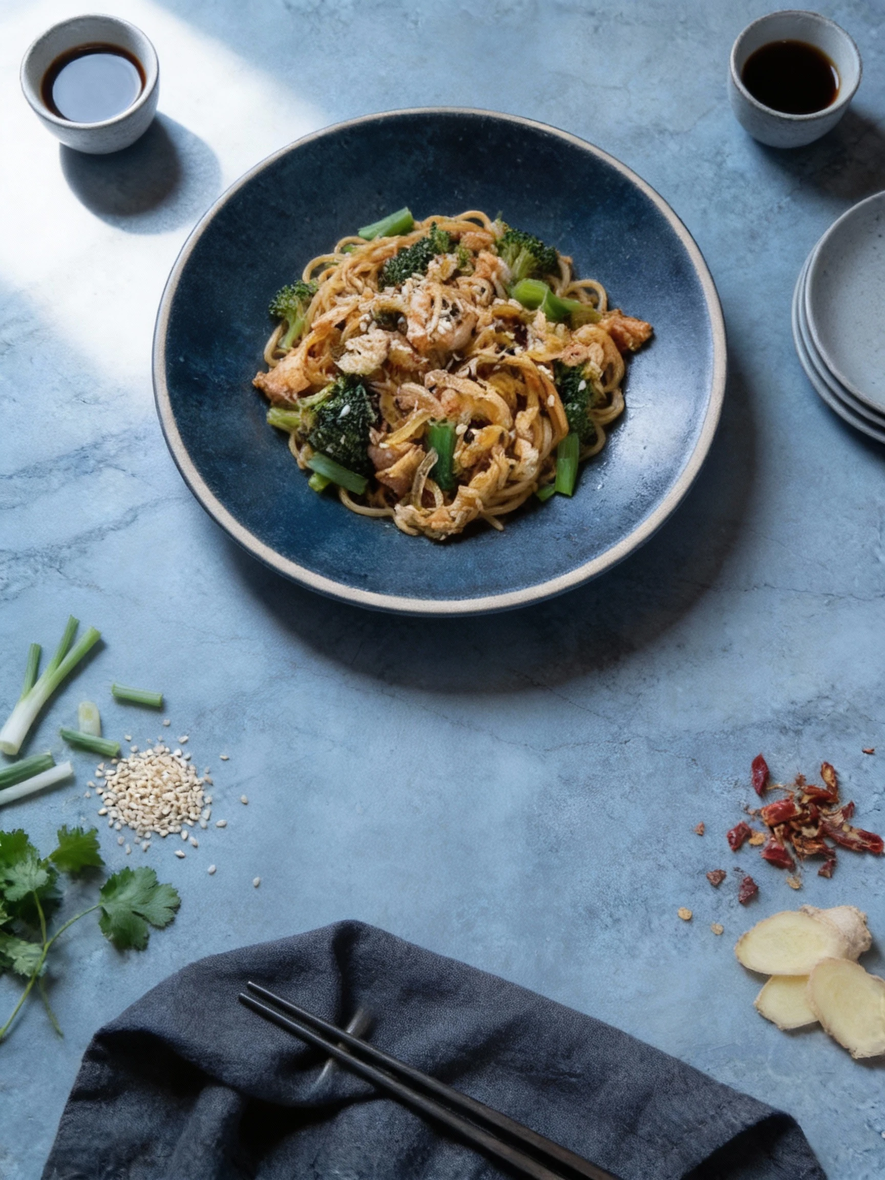 Stir-fried noodles are served in a red 'Wok to Walk' takeout container, mixed with pieces of protein, broccoli florets, and green onions, and topped with a gene