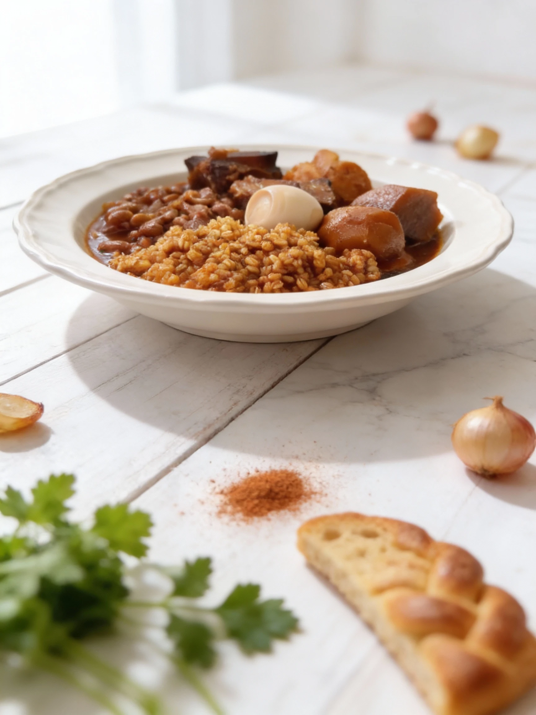 A traditional slow-cooked stew (likely Cholent or Hamin) featuring a mound of cooked barley, whole braised beef pieces, beans in a rich sauce, large blocks of d