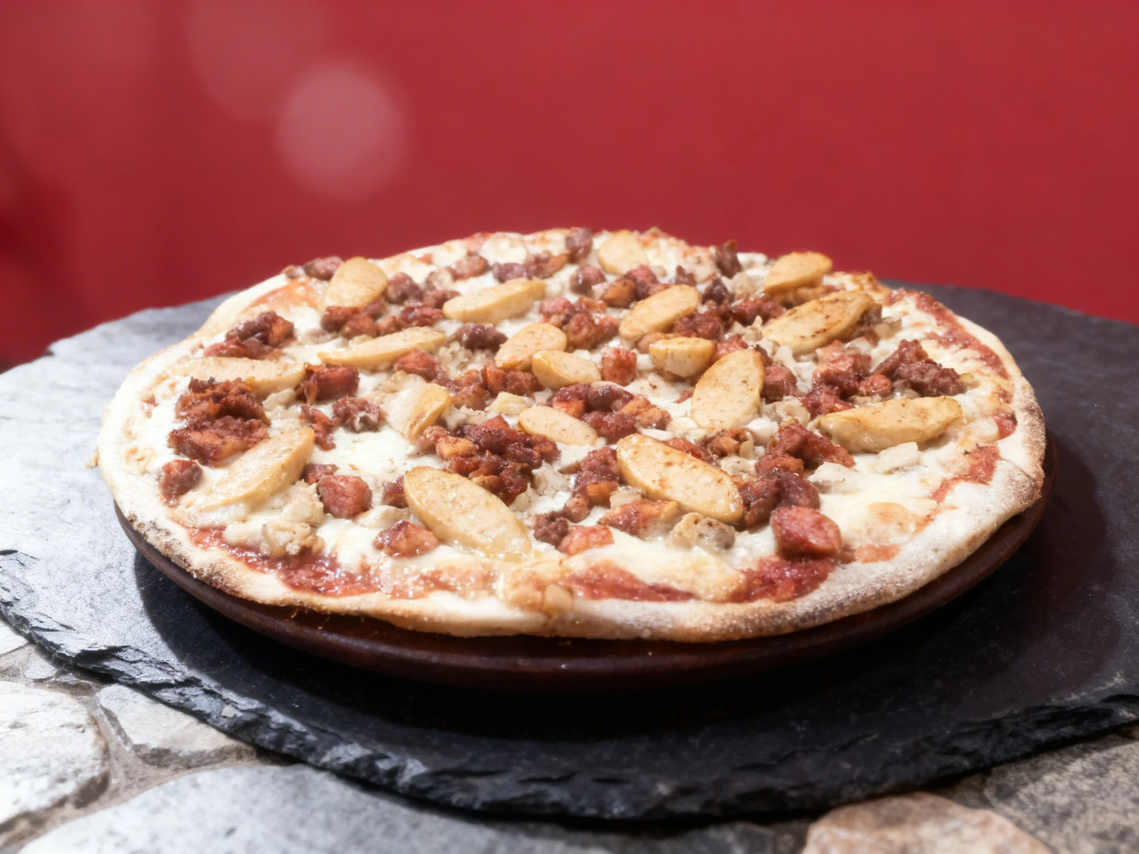 A thin-crust meat lover's pizza topped with melted white cheese, sliced sausages, and chunks of grilled chicken.