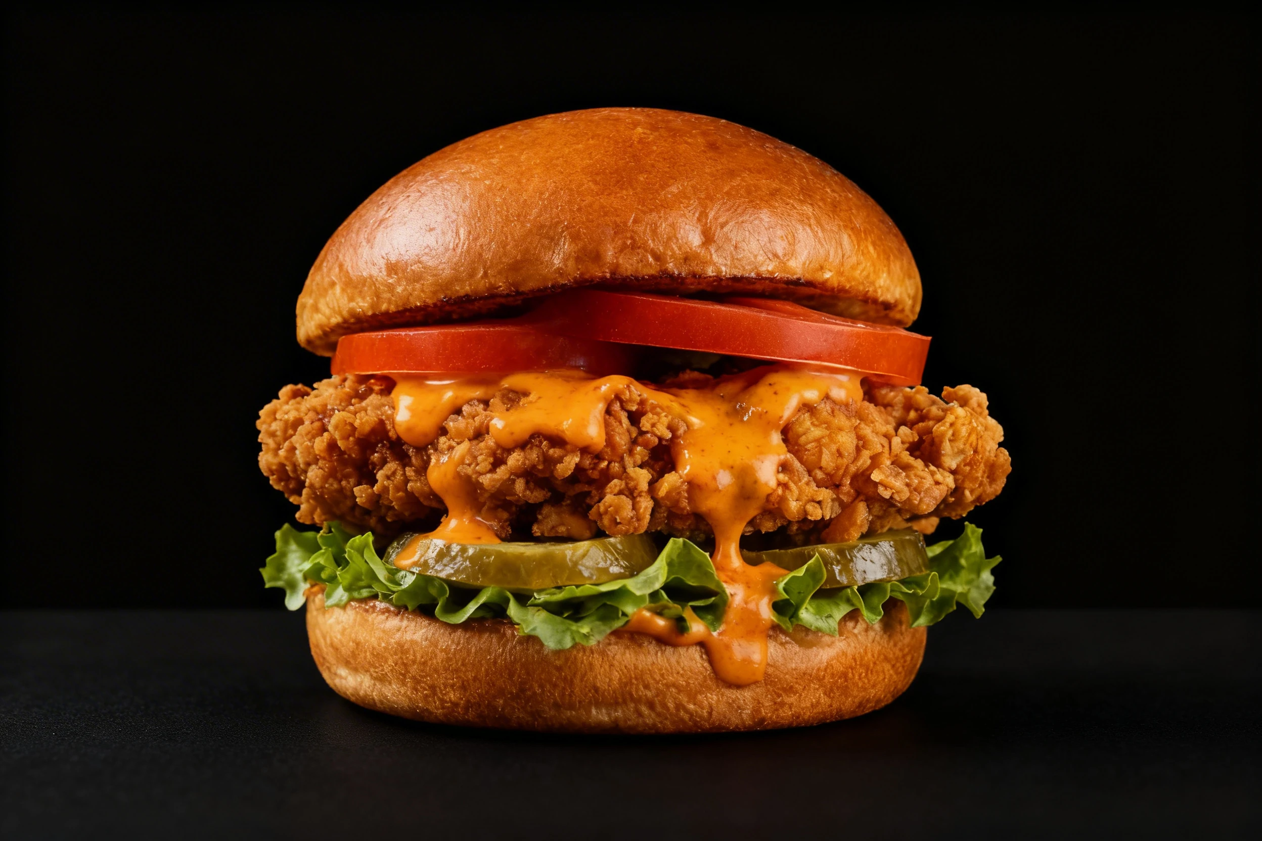 Crispy fried chicken sandwich on a brioche bun with a thick tomato slice, spicy orange sauce, sliced pickles, and green leaf lettuce.