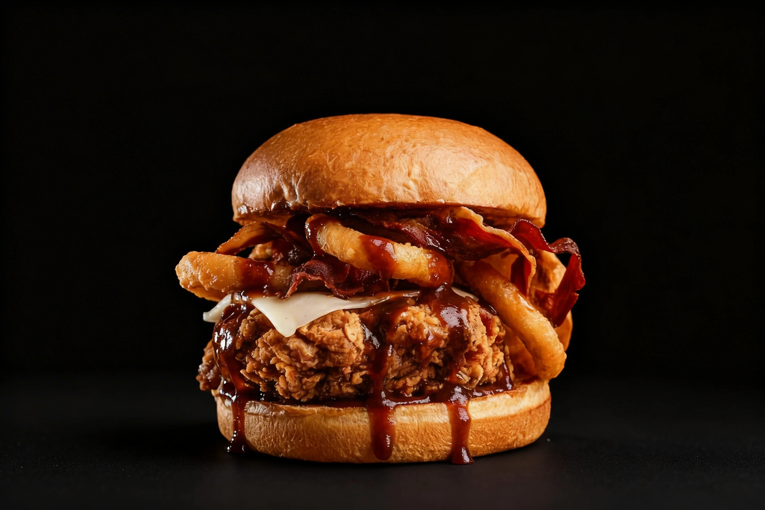 Crispy fried chicken burger topped with melted cheese, crispy bacon, onion rings, and a drizzle of barbecue sauce on a toasted brioche bun.