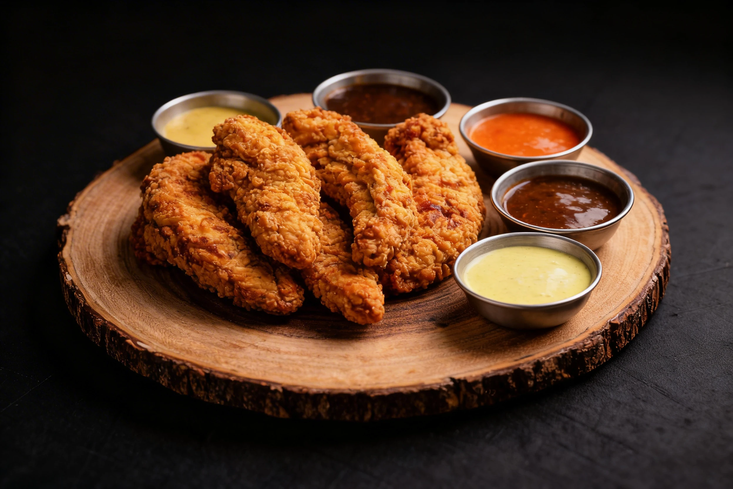 Crispy breaded chicken tenders served on a rustic wooden board with five different dipping sauces including honey mustard, barbecue, and buffalo sauce.
