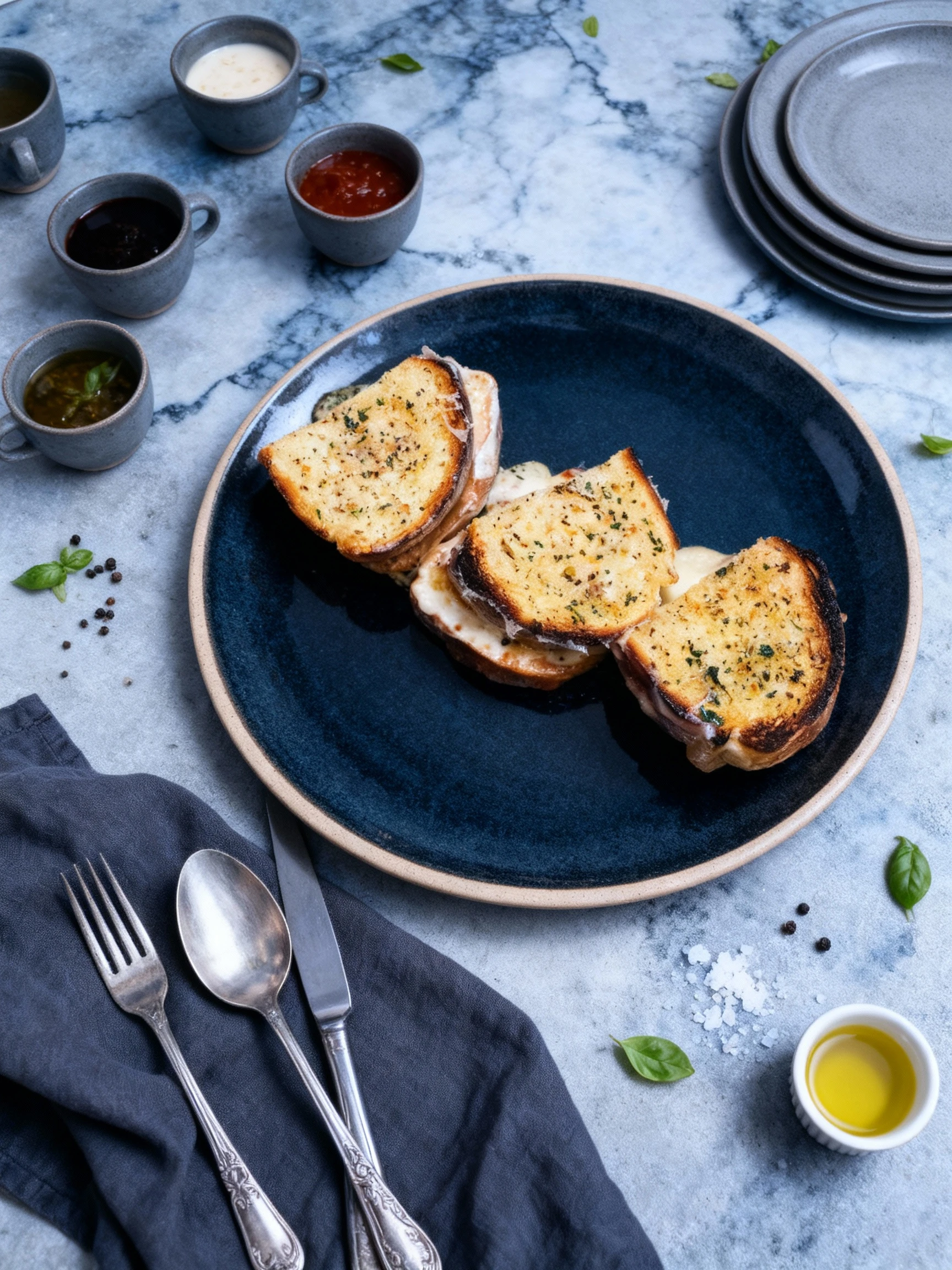Thick slices of golden-brown toasted bread, heavily seasoned with herbs and spices, stacked and served on a teal plate with copious amounts of melted white chee