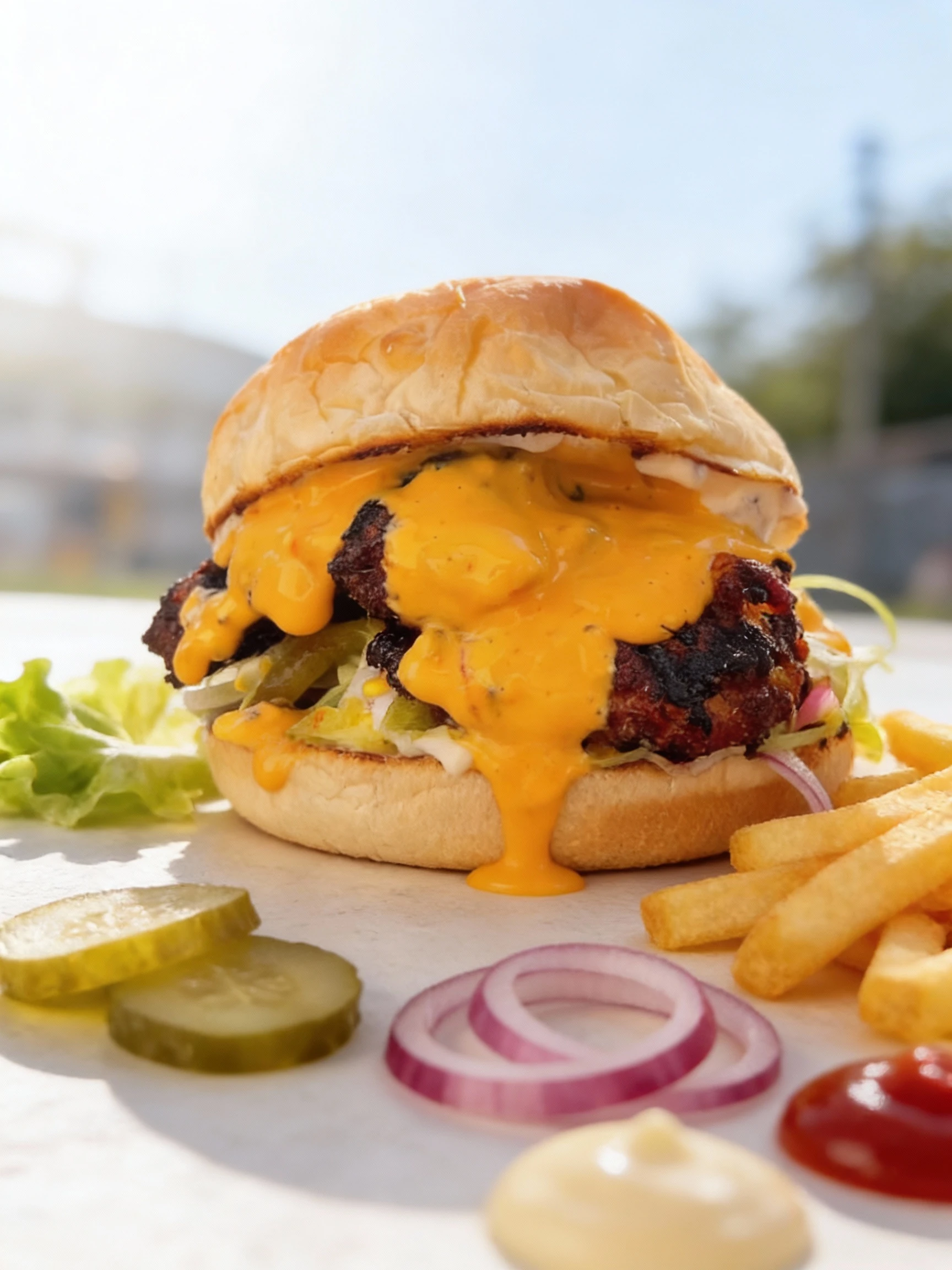 A substantial burger featuring a heavily seasoned, blackened beef patty covered in a copious amount of bright orange cheese sauce, served on a toasted bun with
