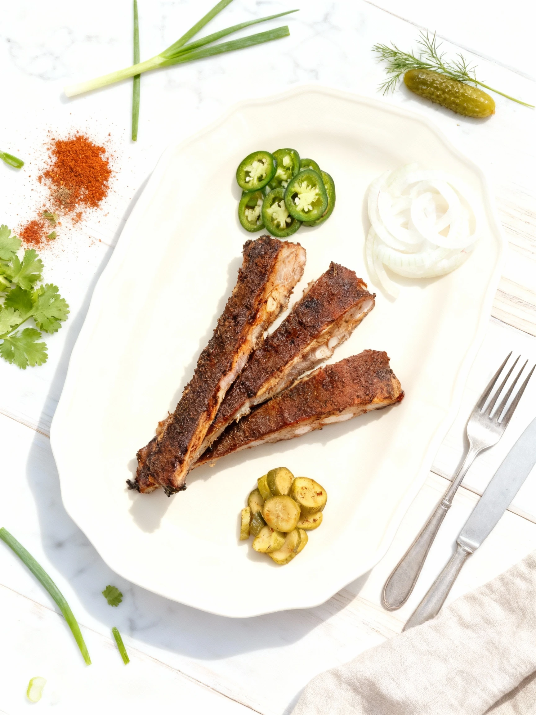 Dry-rubbed barbecue ribs, presented as three sections on butcher paper, are served with slices of fresh jalapeño, thinly sliced white onion rings, and seasoned