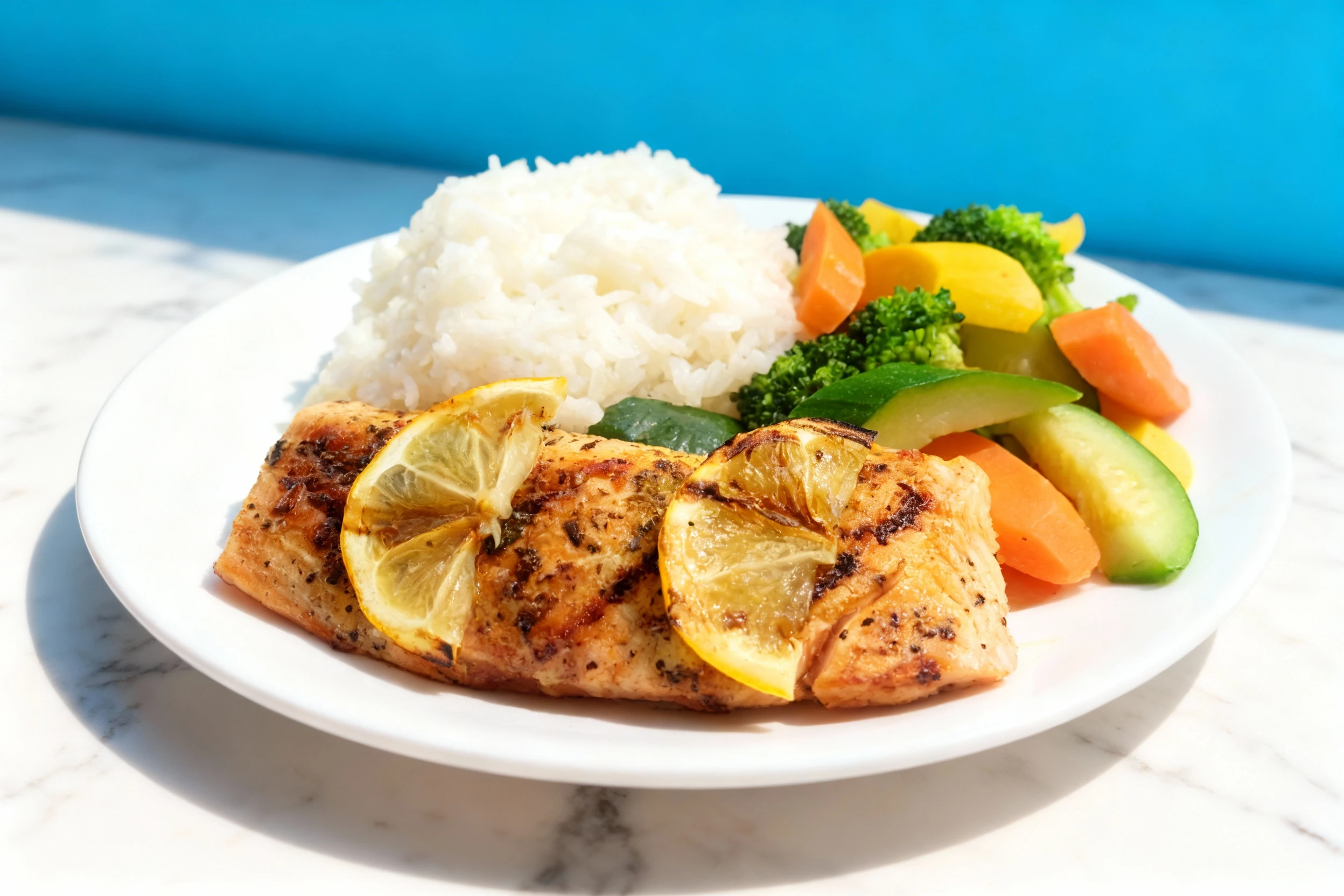 Grilled salmon fillet topped with charred lemon slices, served alongside a mound of white rice and a medley of steamed broccoli, carrots, and zucchini.