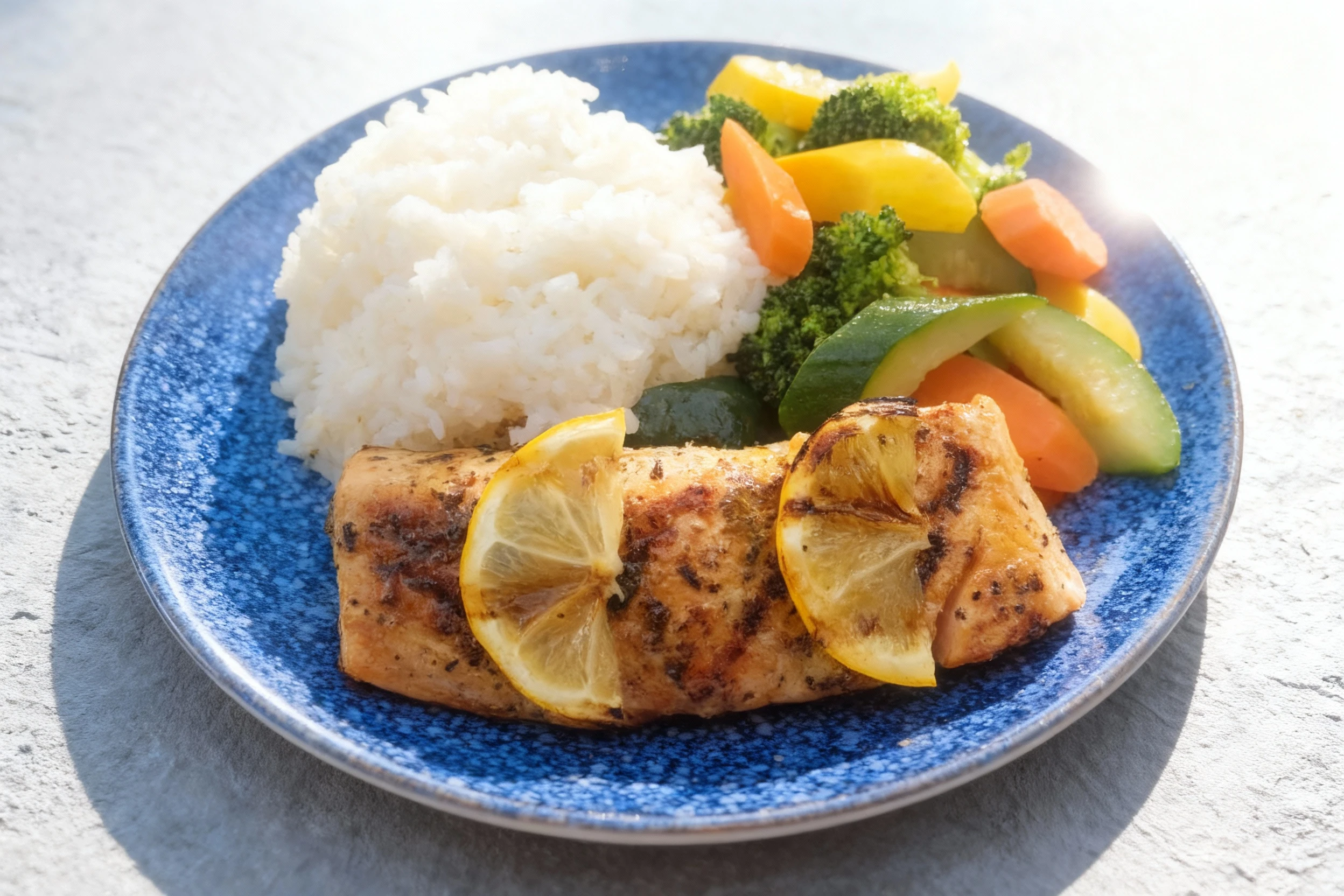 Grilled salmon fillet seasoned with herbs and topped with charred lemon slices, served alongside a mound of white rice and steamed vegetables including carrots,
