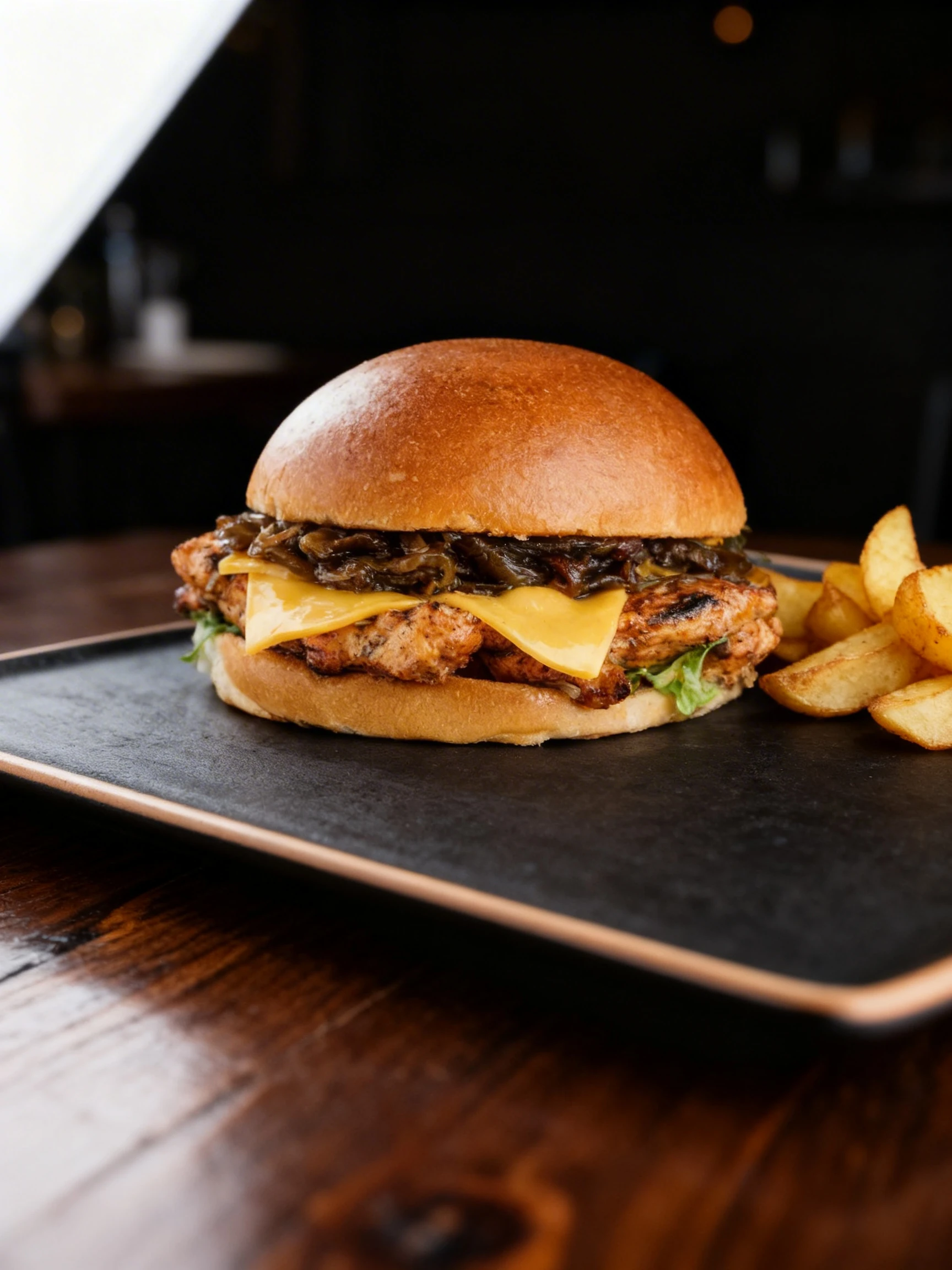Grilled chicken burger topped with sliced cheddar cheese, caramelized onions, and fresh greens on a toasted brioche bun.