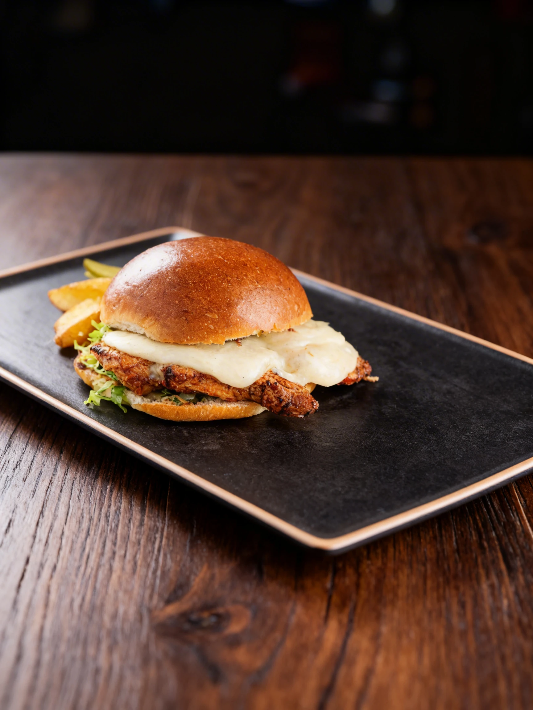 Grilled chicken sandwich on a toasted brioche bun topped with melted white cheese and shredded lettuce.