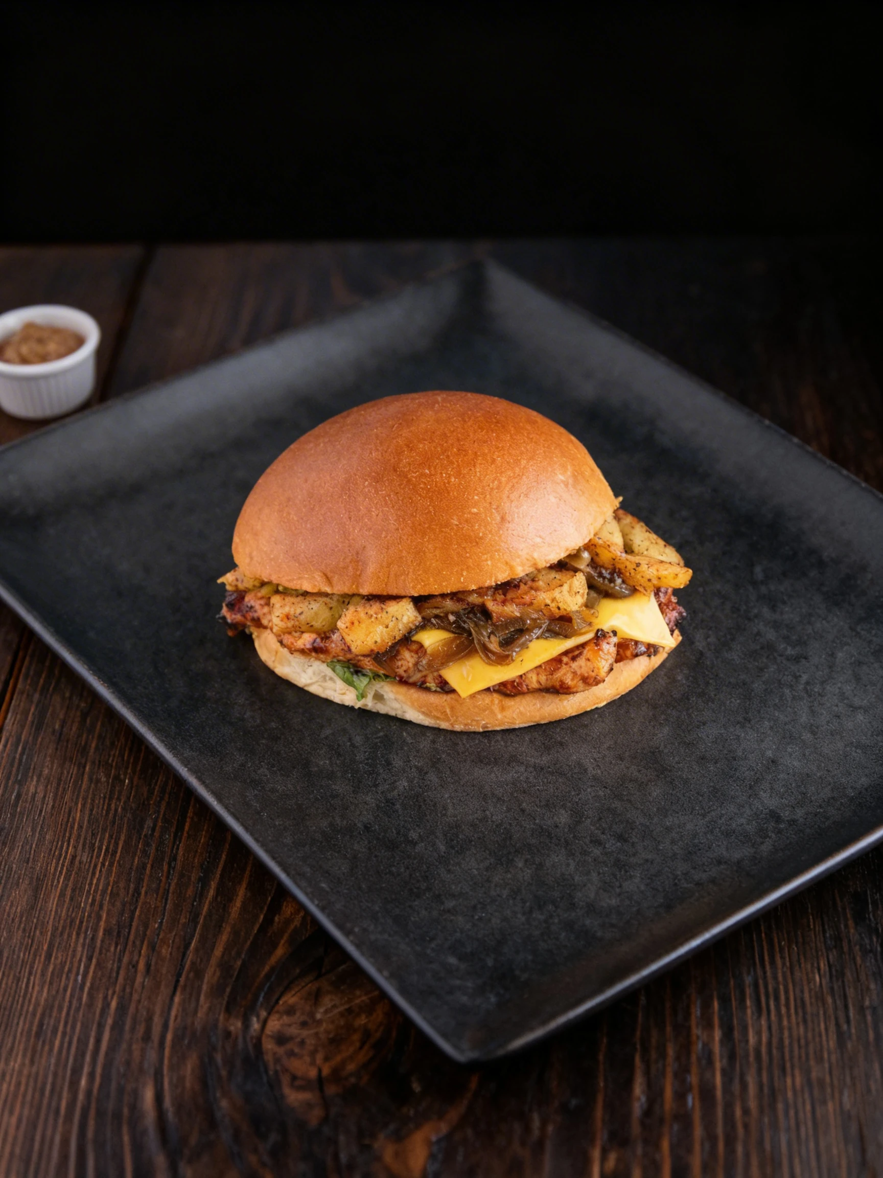 Grilled chicken burger on a toasted brioche bun with melted cheddar cheese slices, caramelized onions, and seasoned potato wedges.