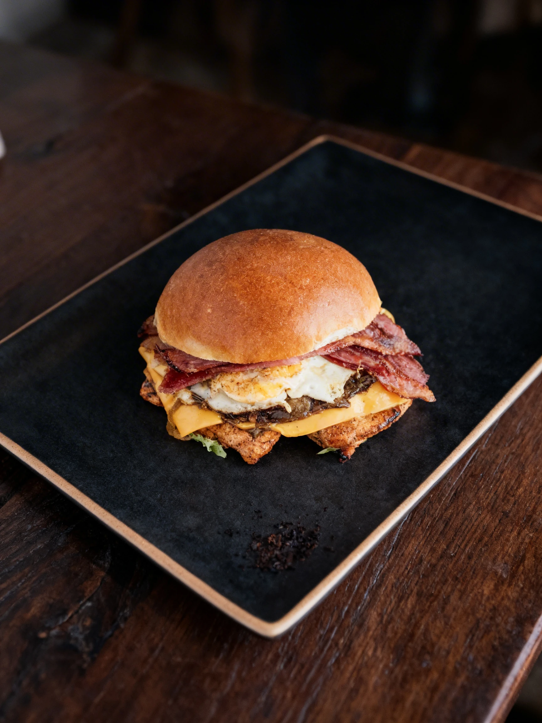 A breakfast burger featuring a grilled protein patty topped with a slice of melted cheddar cheese, caramelized onions, a fried egg, and crispy bacon strips on a