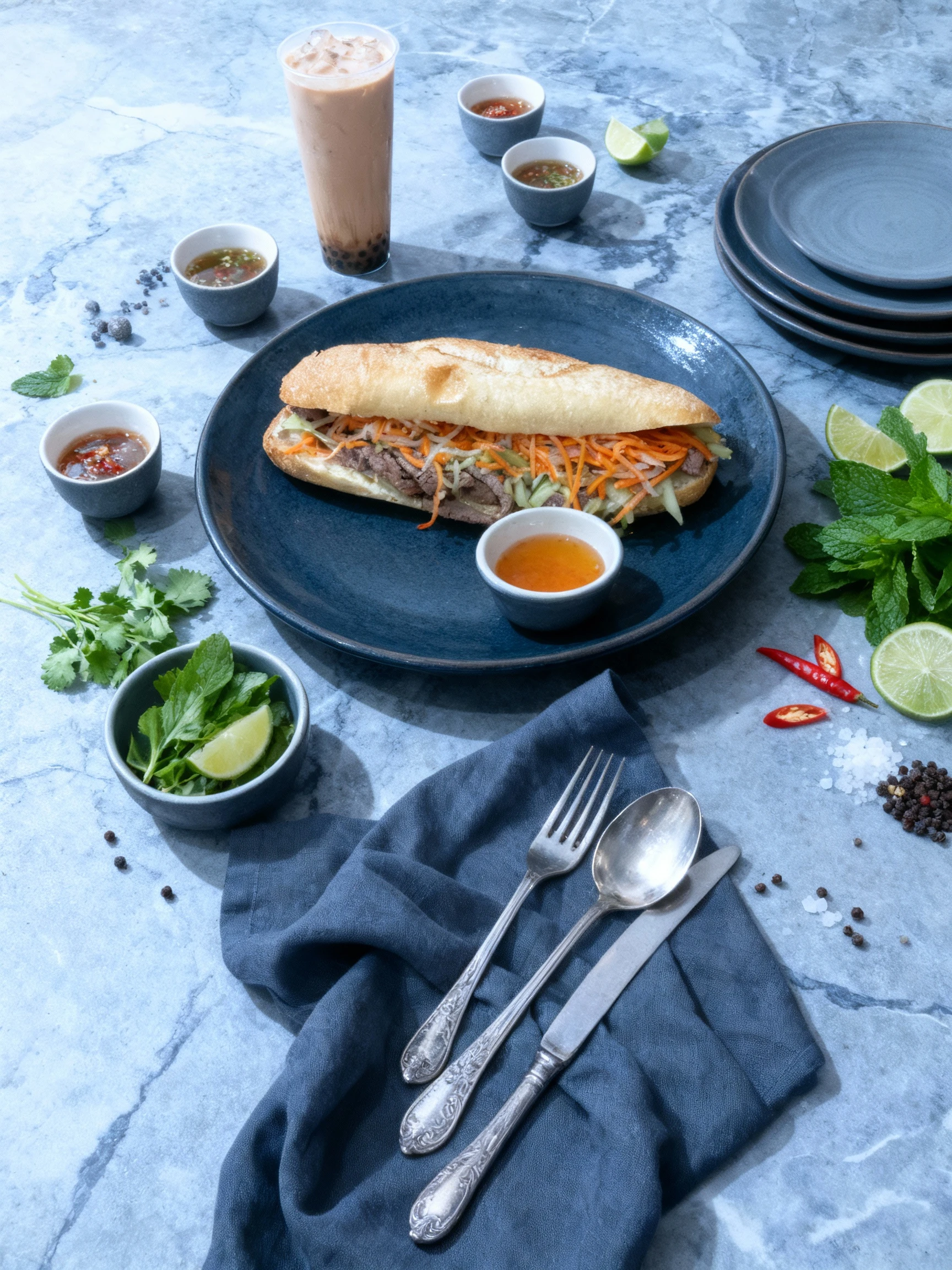 A Vietnamese Banh Mi sandwich featuring sliced beef, shredded pickled carrots, and green vegetables inside a baguette, served on a plate with sliced jalapeño pe