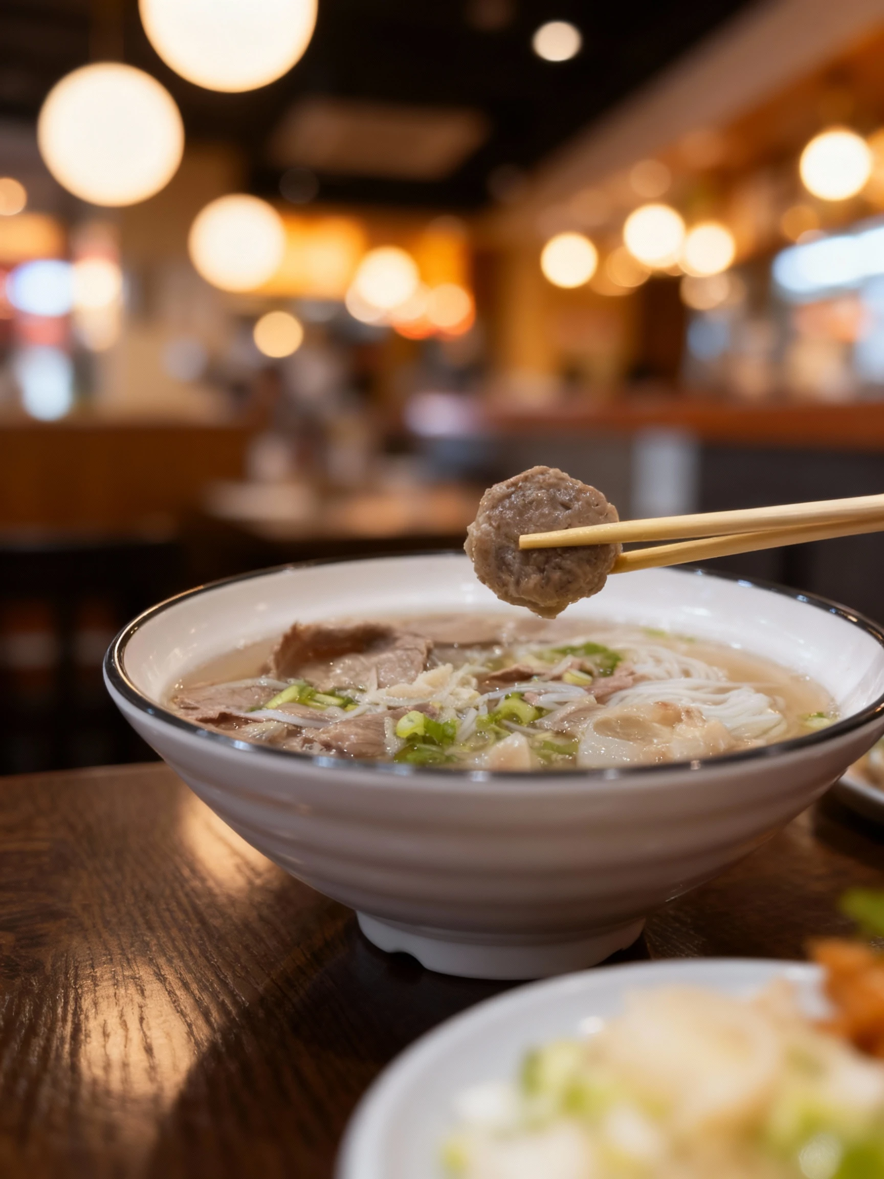 Beef Pho served in a bowl, featuring thin rice noodles submerged in broth, topped with sliced cooked beef, tripe, beef meatballs (one held by chopsticks), and g