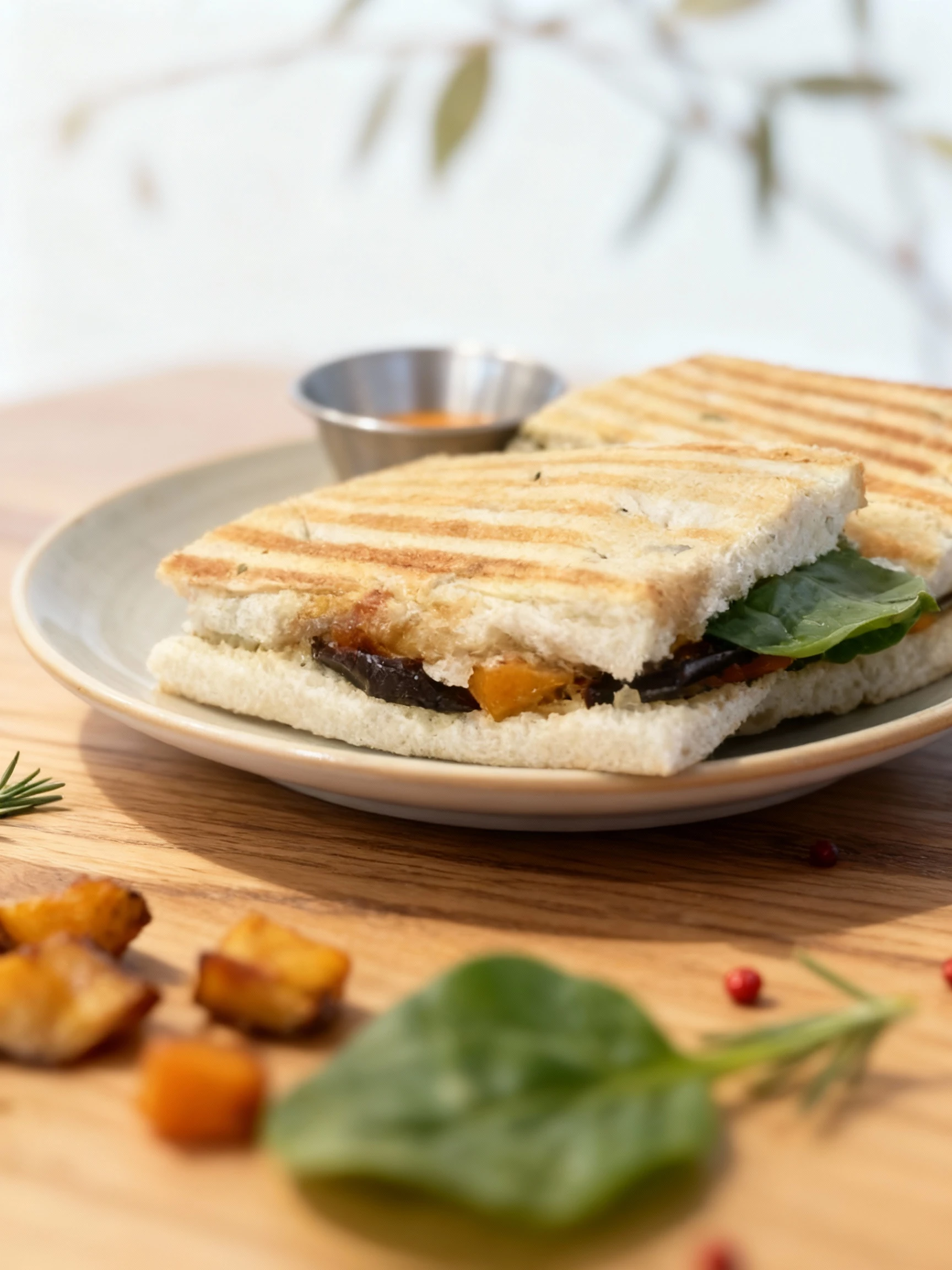 A grilled panini sandwich, cut in half, featuring prominent grill marks on the bread and filled with roasted vegetables and fresh spinach, served alongside a sm