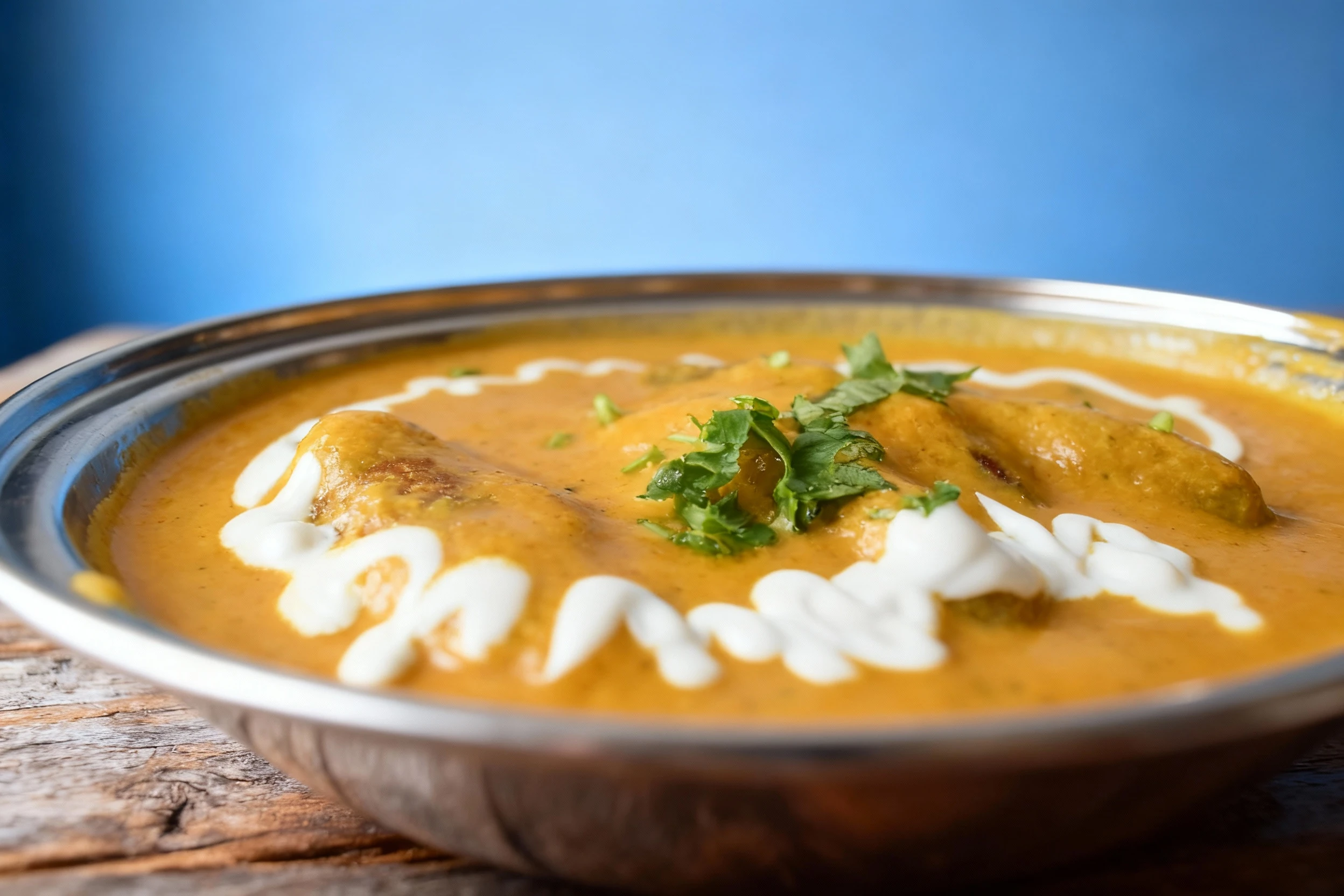 A creamy Indian curry, likely Malai Kofta, featuring submerged dumplings in a rich orange sauce. The dish is garnished with swirled white cream and fresh cilant