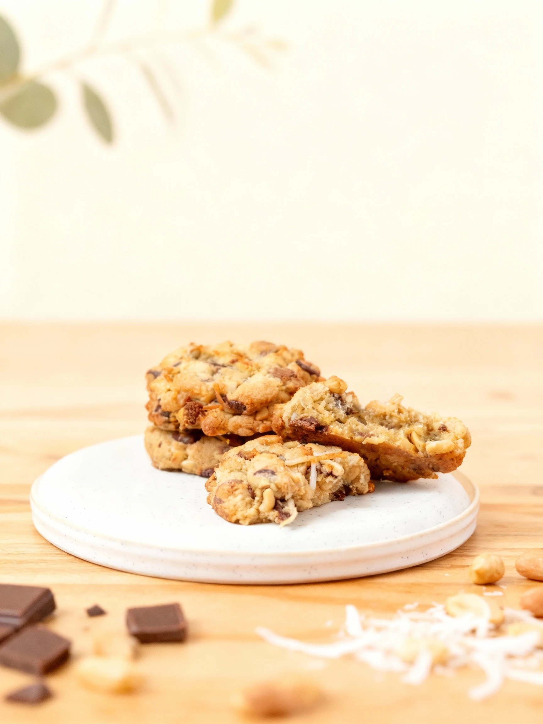 Thick, chunky oatmeal-style cookies featuring visible chocolate chunks, peanuts, and shredded coconut, presented on a speckled white plate. A broken cookie is d
