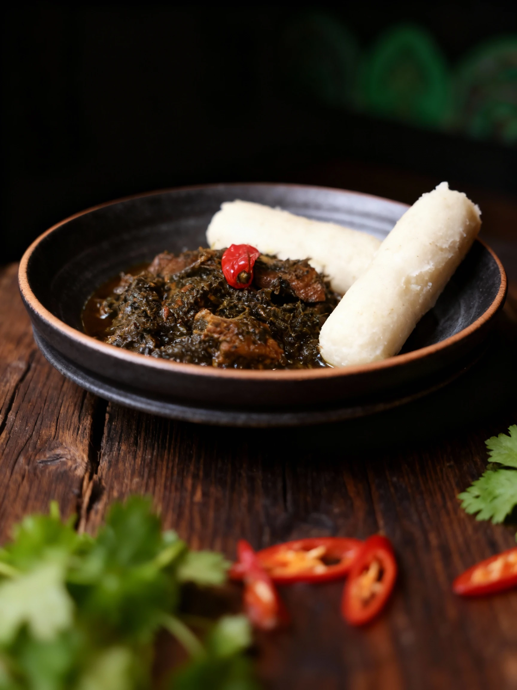 West African stew featuring dark leafy greens and pieces of meat, topped with a single red chili pepper garnish, served next to two logs of white starchy fufu o