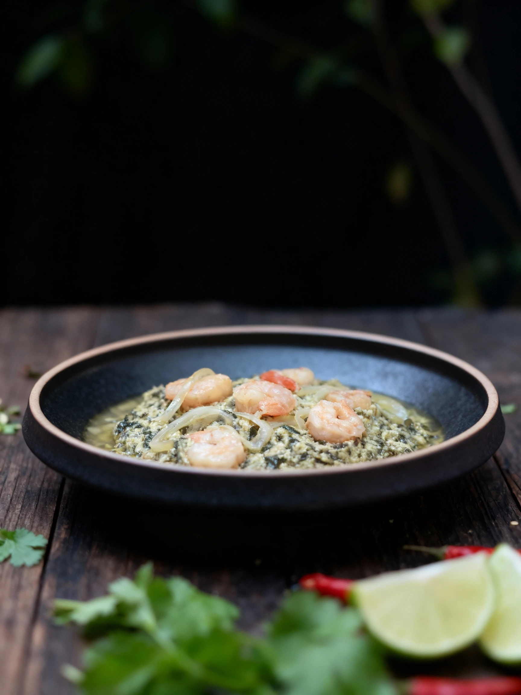 A close-up of a seafood stew consisting of a thick, textured base of chopped leafy greens and a binding agent, topped with five peeled cooked shrimp and slices