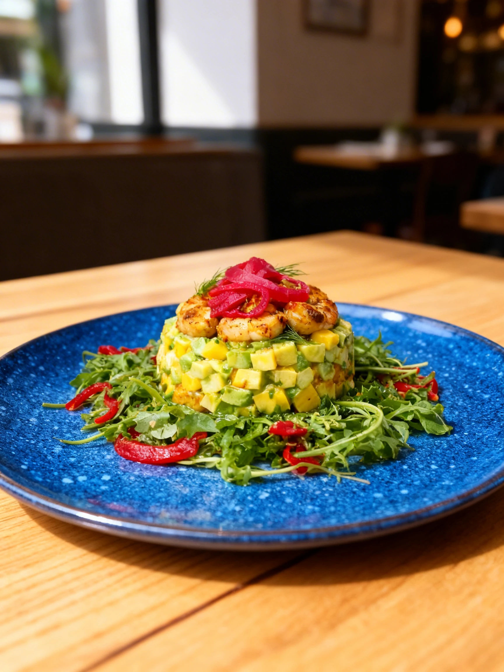 A stacked avocado and mango tartare topped with grilled prawns and pickled red onions, served over a bed of fresh arugula with red pepper slivers.
