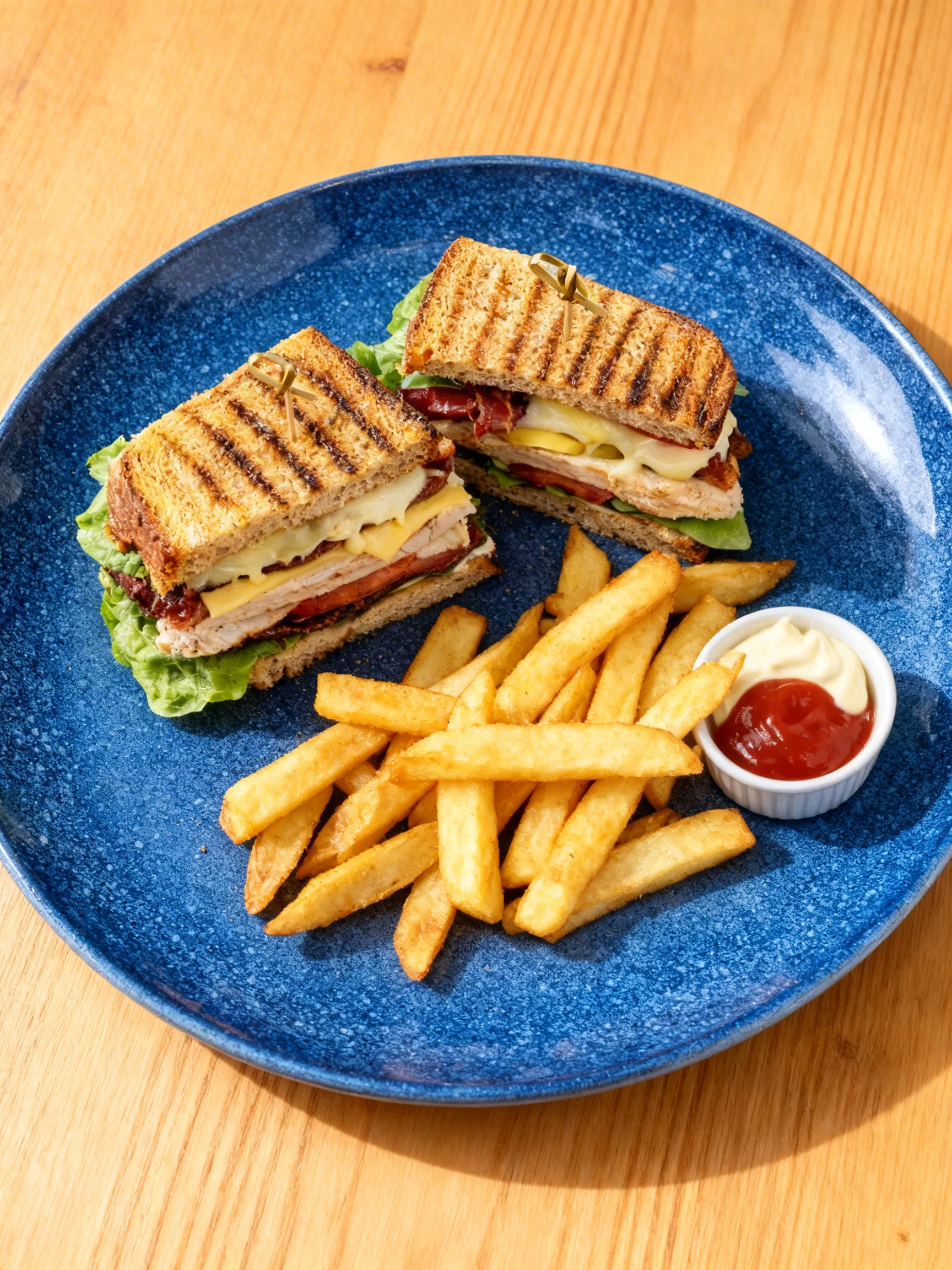 Grilled chicken club sandwich with melted cheese, crispy bacon, tomato, and lettuce on toasted sourdough, served with a side of thick-cut fries.