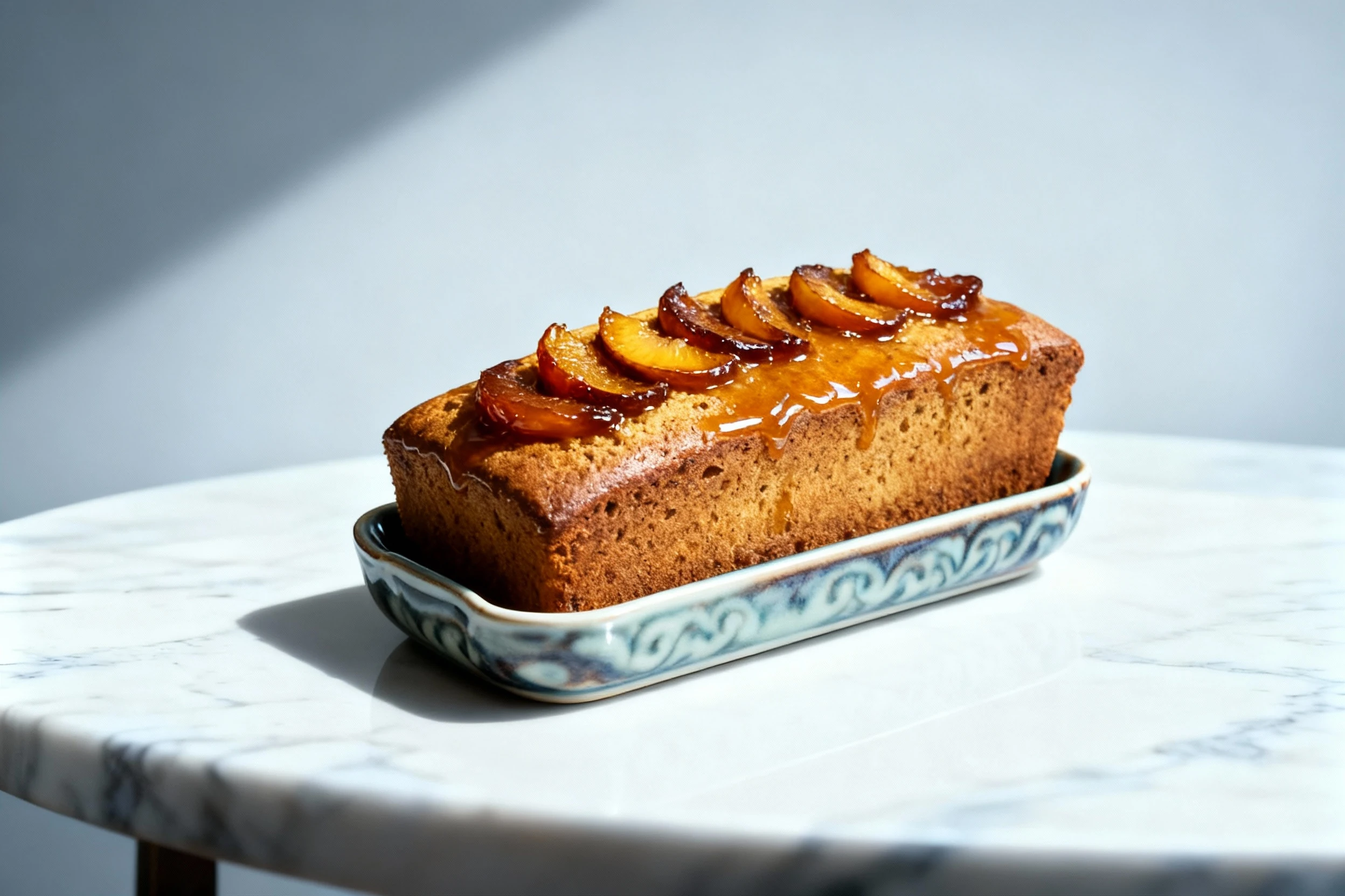 A whole, golden-brown loaf cake, likely a quick bread, featuring a glossy top decorated with a pattern of glazed or caramelized fruit slices.