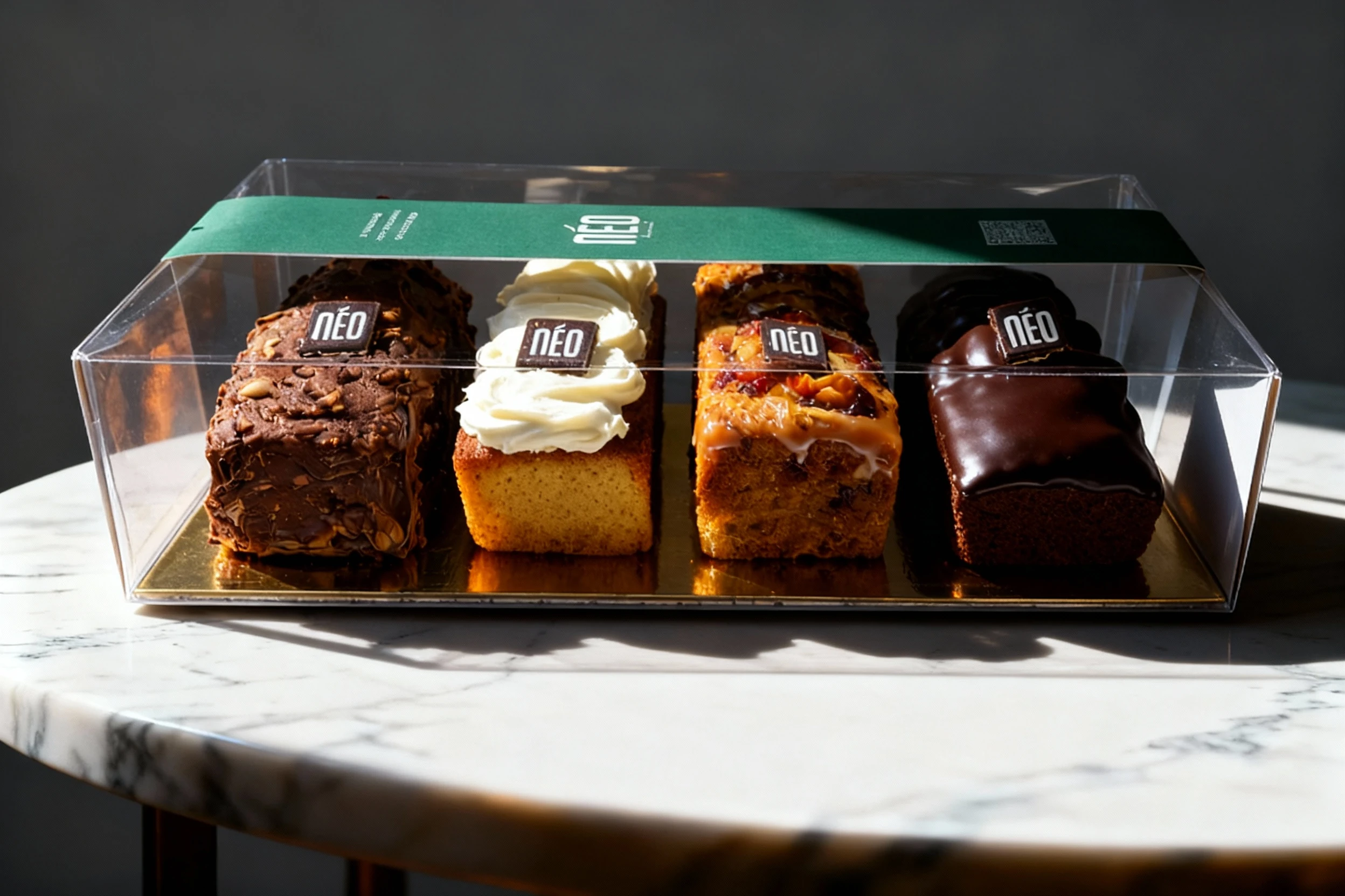 A selection of four mini loaf cakes displayed in a takeaway box, featuring varieties such as a chocolate nut-coated cake, a plain loaf with thick white cream ch