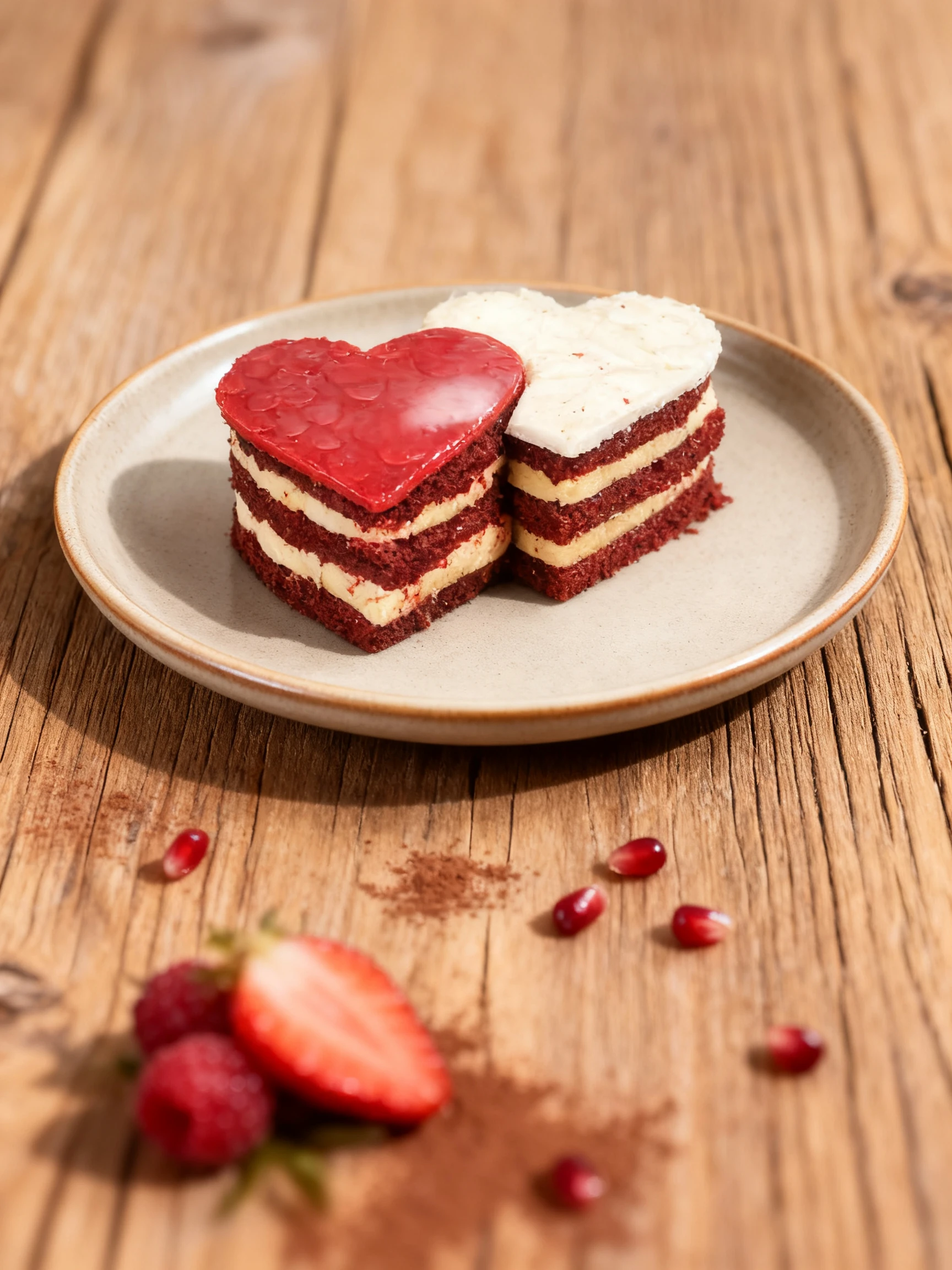 Two heart-shaped red velvet cakes layered with cream cheese frosting, topped with one red and one white heart-shaped glaze.