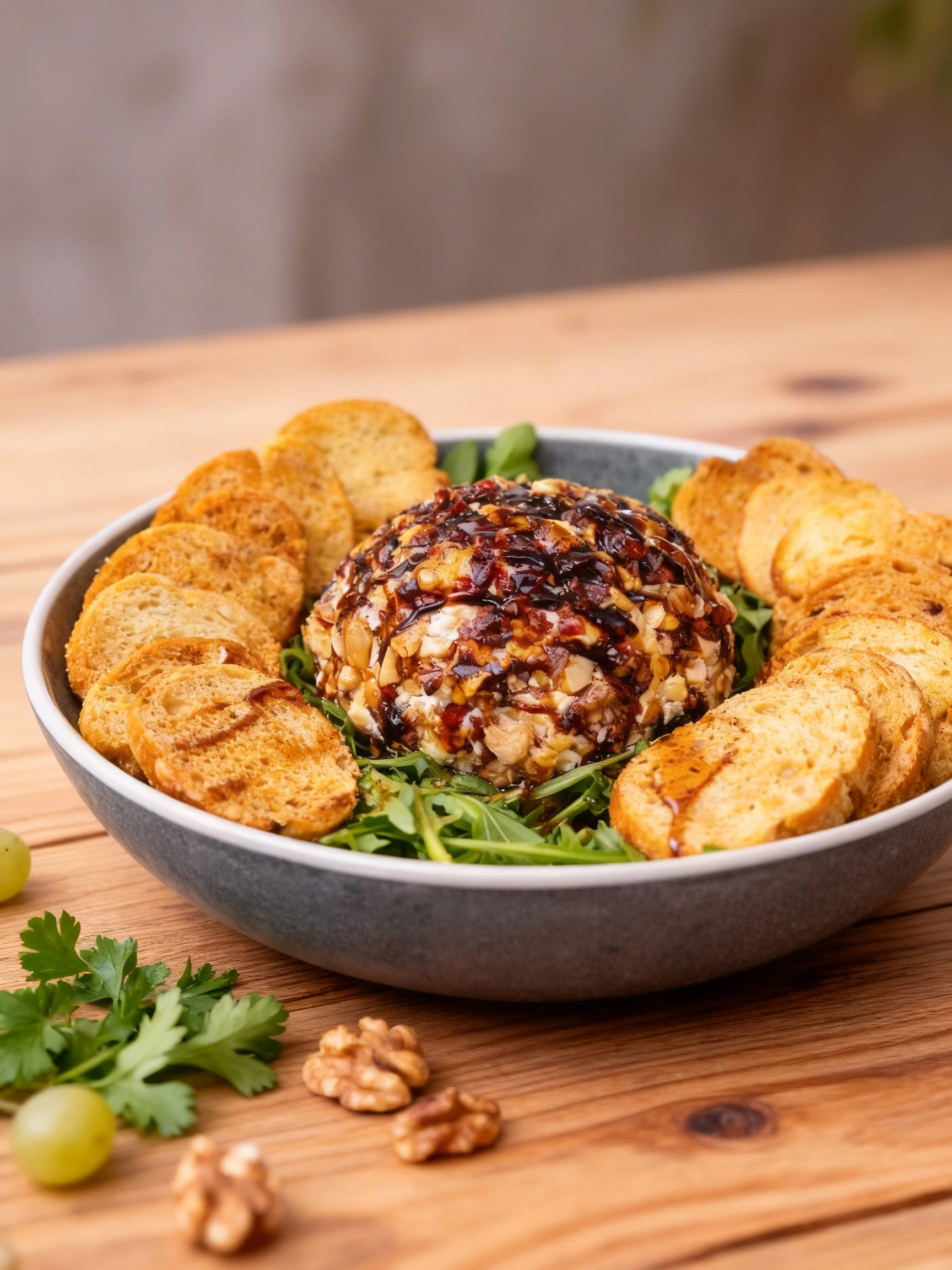 A nut-crusted cheese ball drizzled with balsamic glaze, served on a bed of fresh arugula and surrounded by toasted baguette slices.