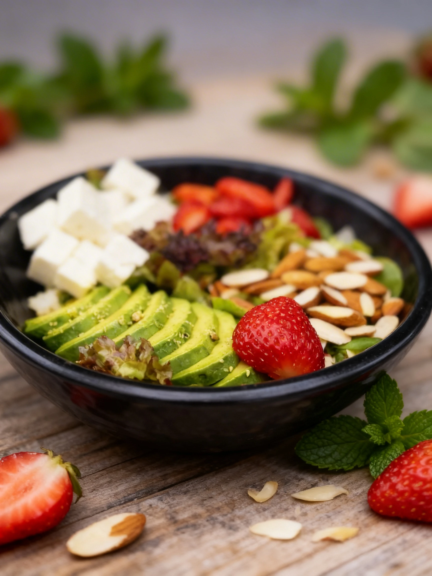 A vibrant salad bowl composed of sliced avocado, cubed feta cheese, fresh strawberries, and whole almonds on a bed of mixed leafy greens.