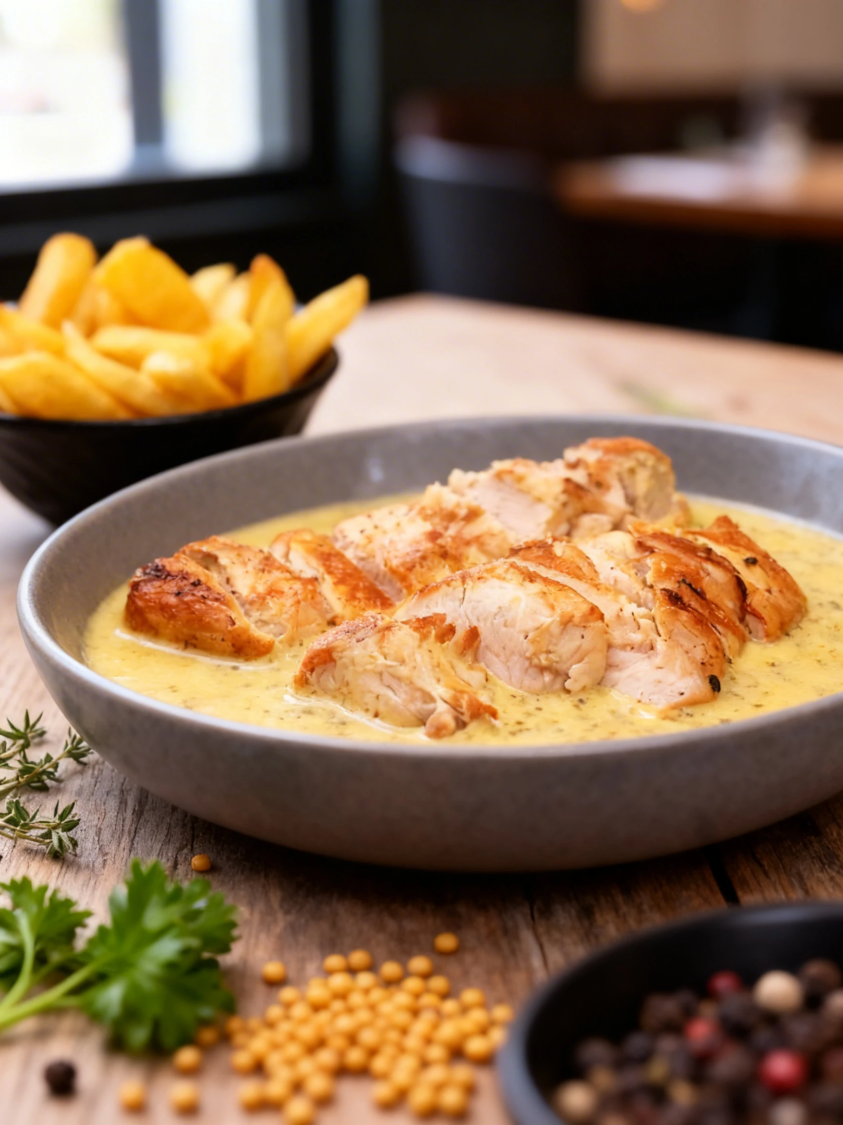 Sliced roasted chicken breast served in a shallow bowl of creamy mustard sauce, accompanied by a separate bowl of thick-cut fries.