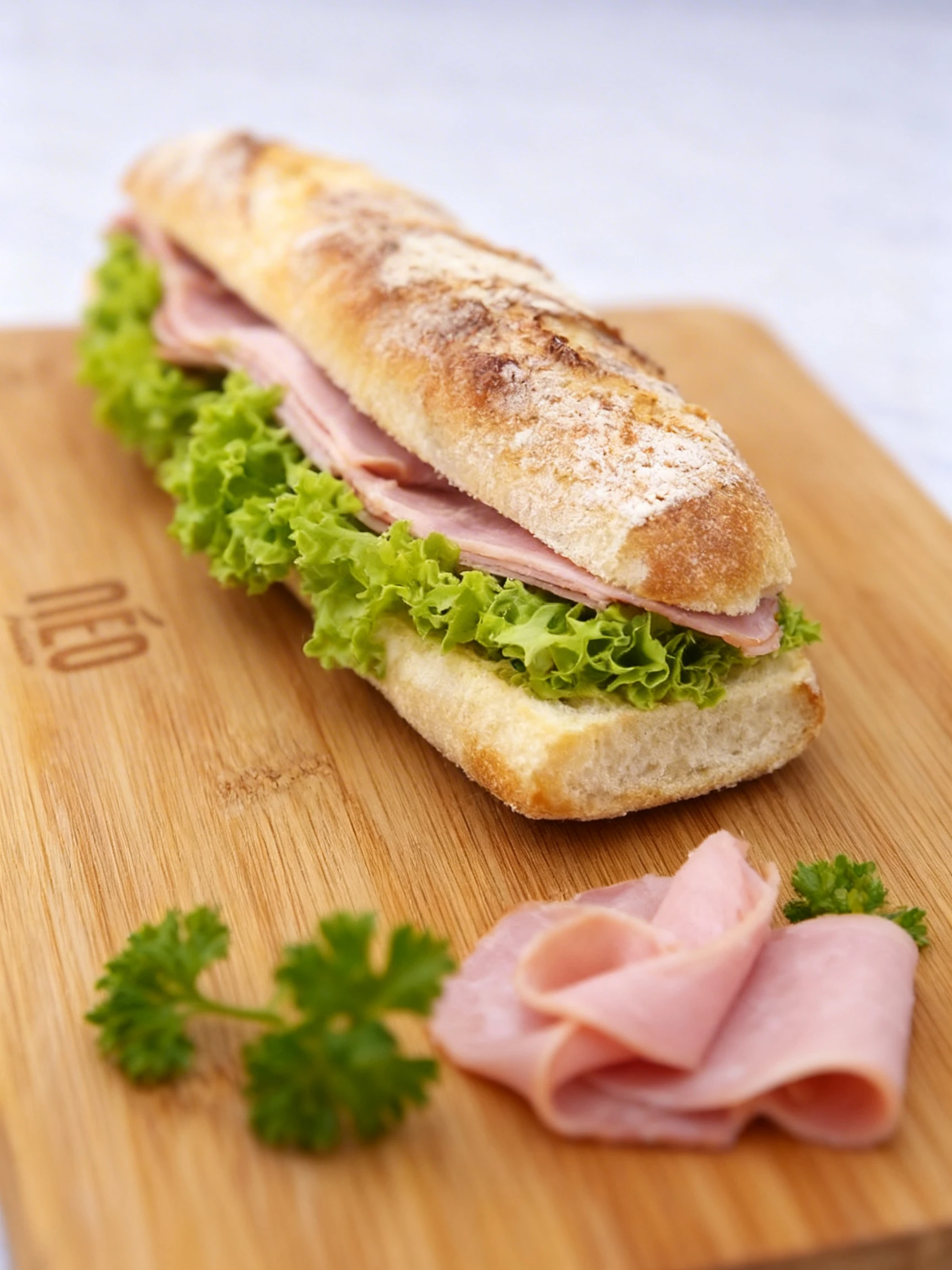 A long baguette sandwich filled with folded slices of ham and fresh green curly lettuce served on a wooden cutting board.