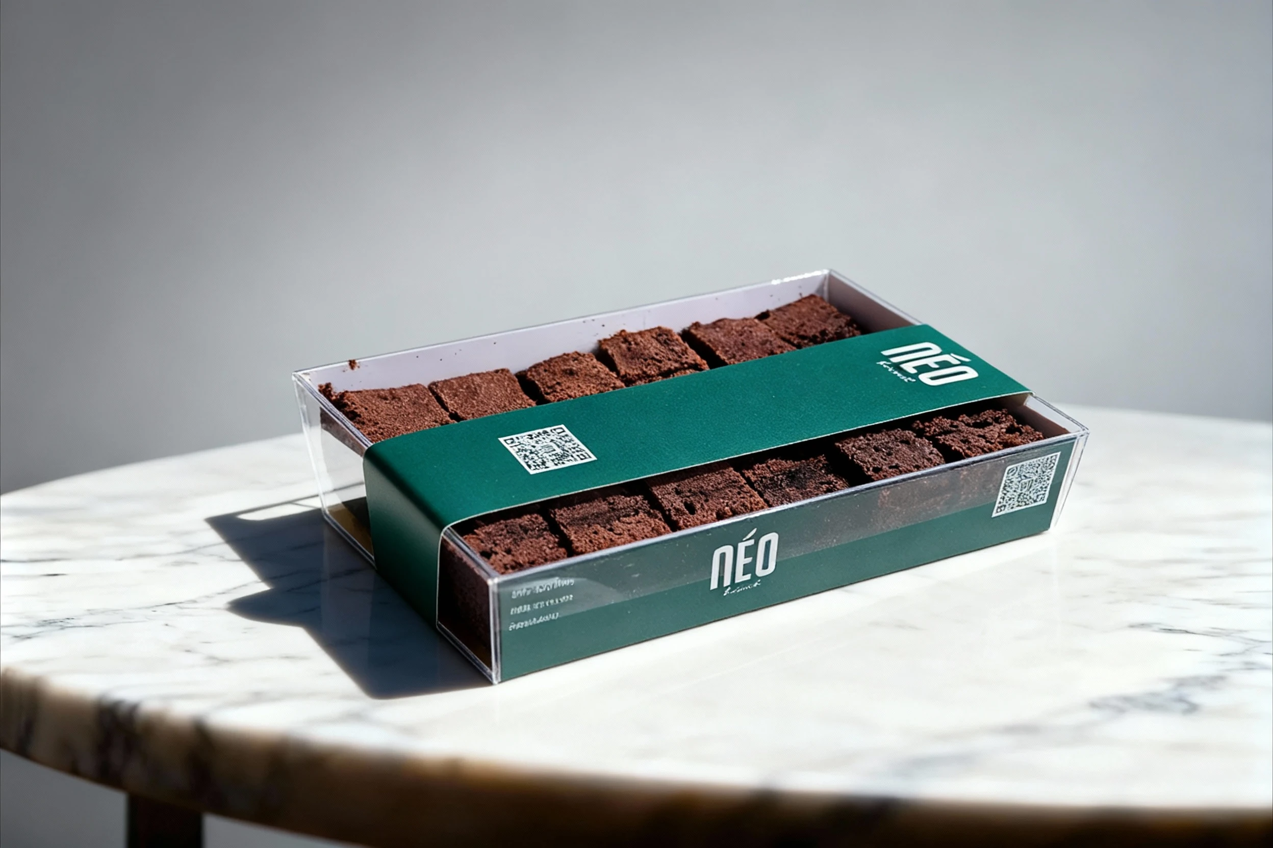 A retail box containing several rows of dense, dark chocolate brownie or cake squares, secured with a green branded paper band.