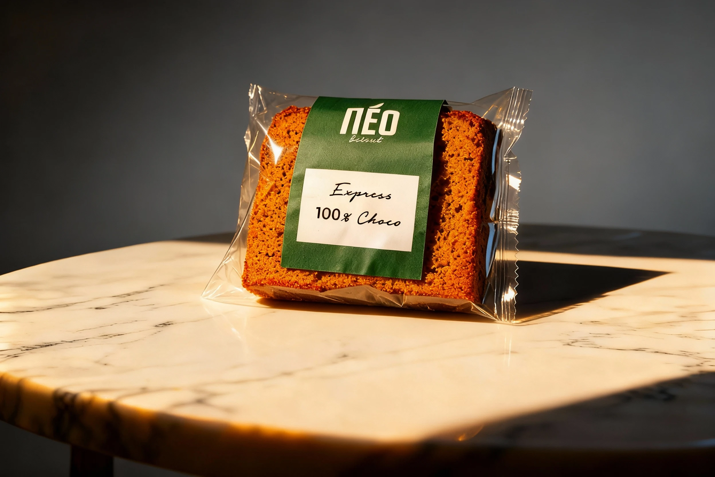 A dense, rectangular slice of carrot cake, individually wrapped in clear plastic packaging with a prominent green and white branded label.