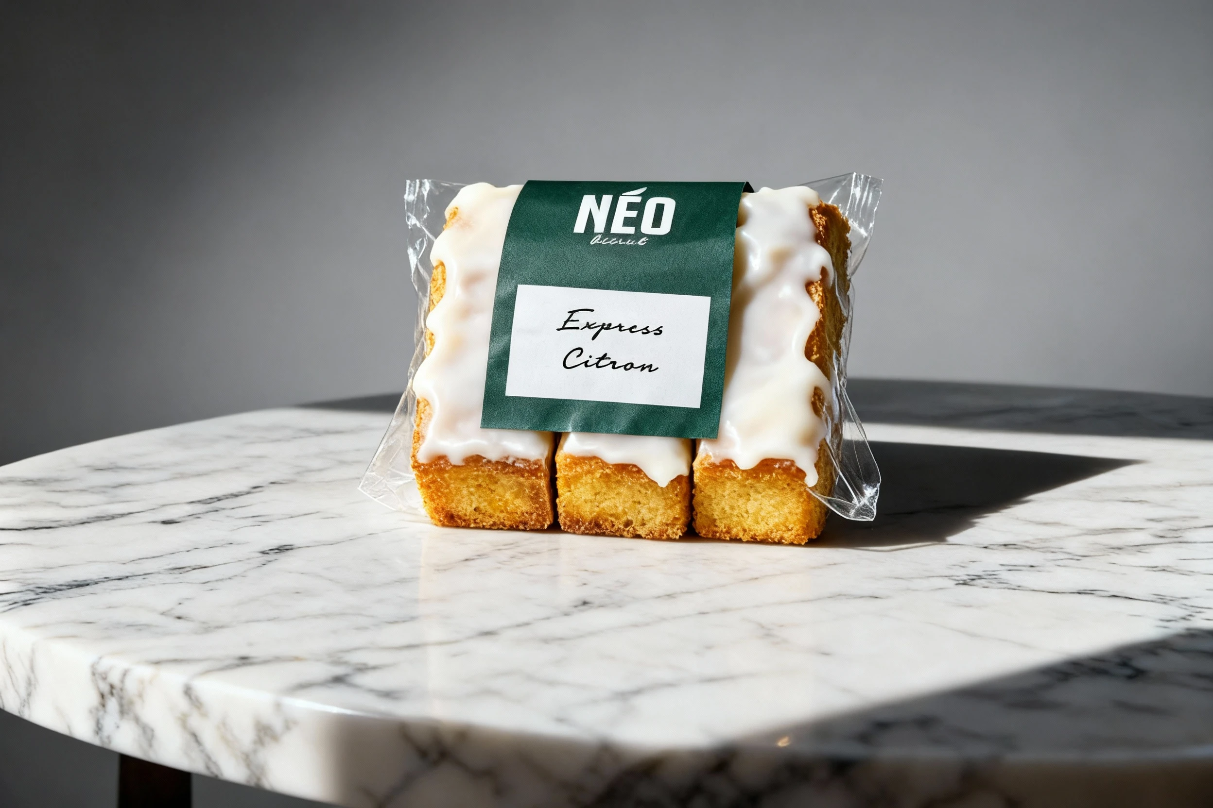 Three pieces of golden-brown citron cake or bars topped with a white glaze, tightly wrapped in clear plastic packaging with a central dark green label.
