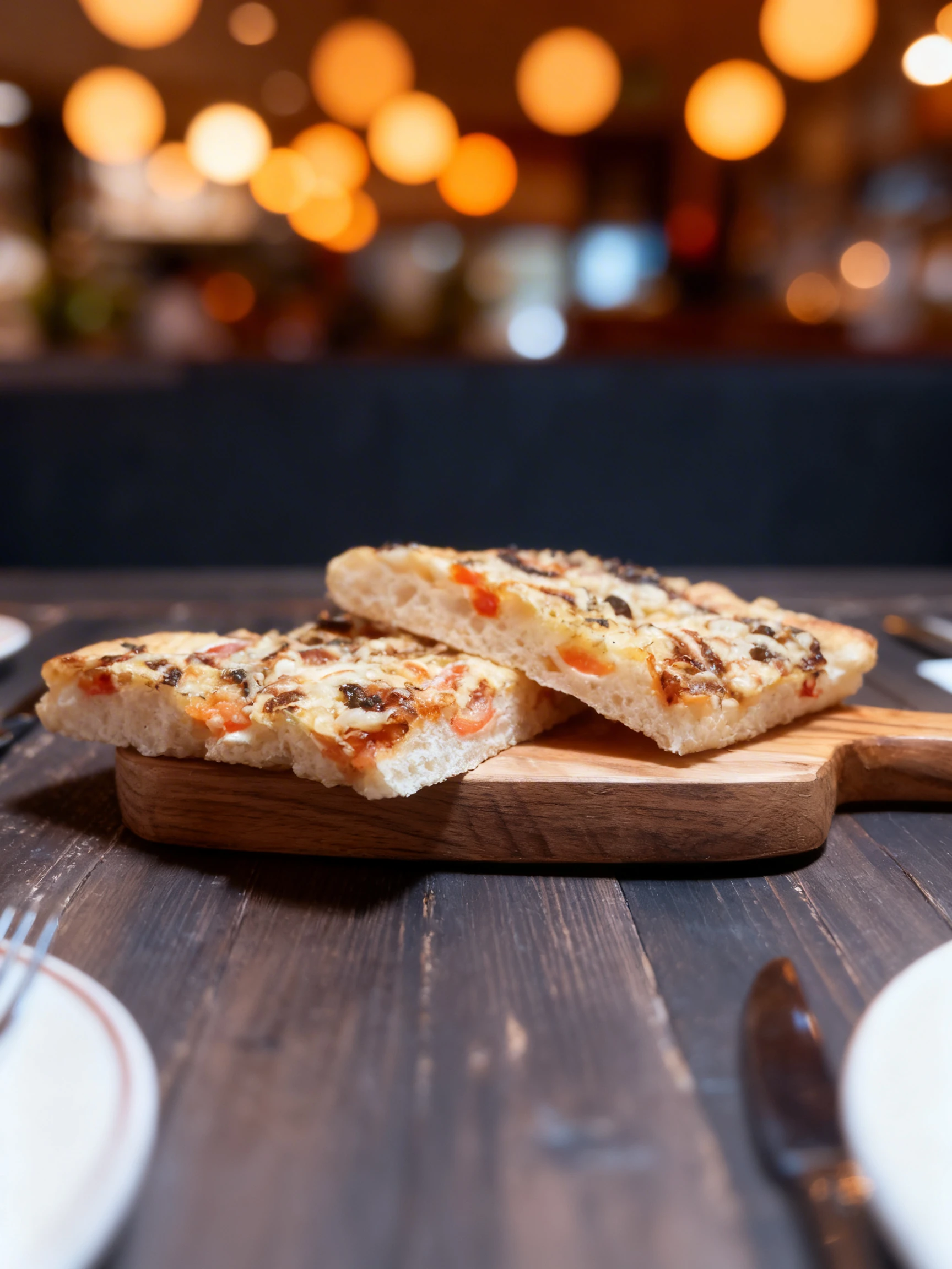 Thick-crust focaccia pizza topped with melted cheese, tomato slices, and charred onions served on a wooden board.