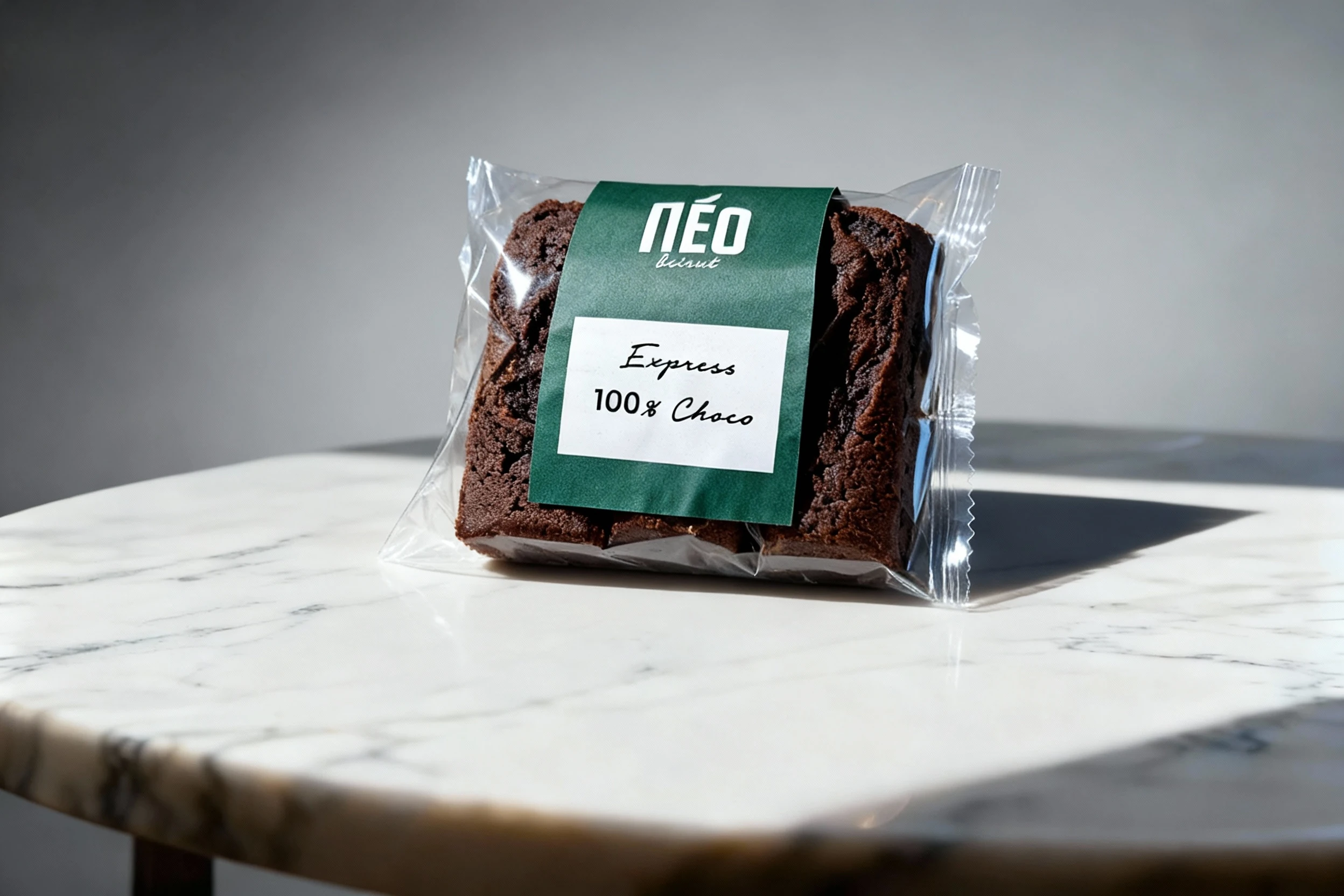 An individually packaged dark chocolate brownie or cake bar, labeled '100% Choco' and sealed in clear plastic wrapping with a branded paper sleeve.