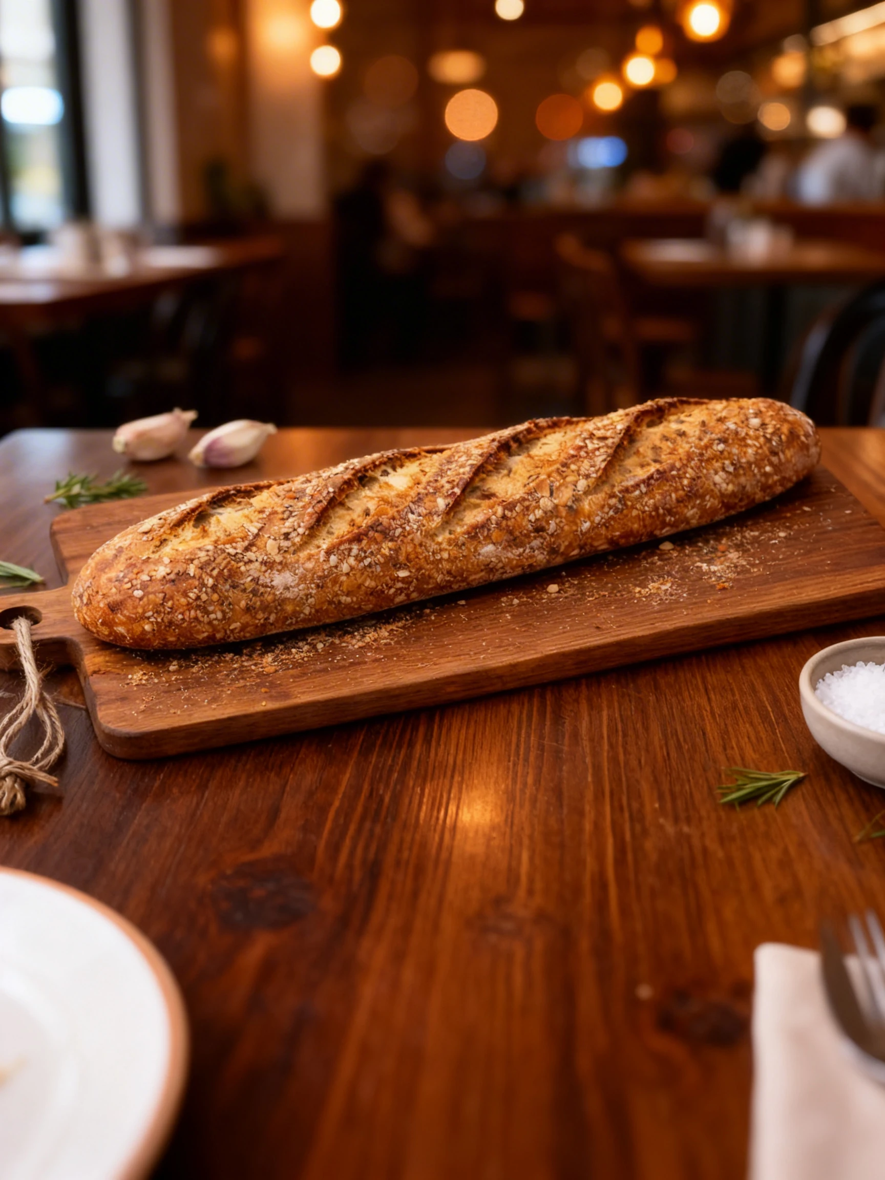 A crusty seeded baguette topped with mixed grains and nuts, presented on a wooden board with garlic cloves, rosemary sprigs, and a bowl of sea salt.