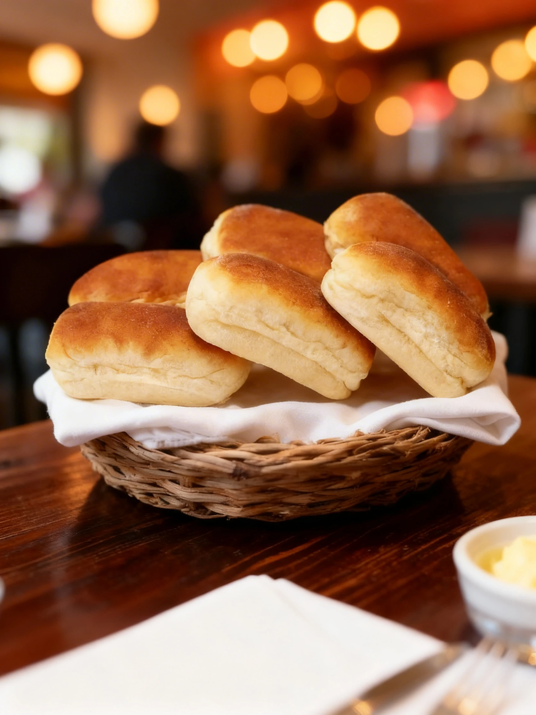 A pile of golden-brown yeast rolls stacked on a white cloth napkin inside a woven bread basket.