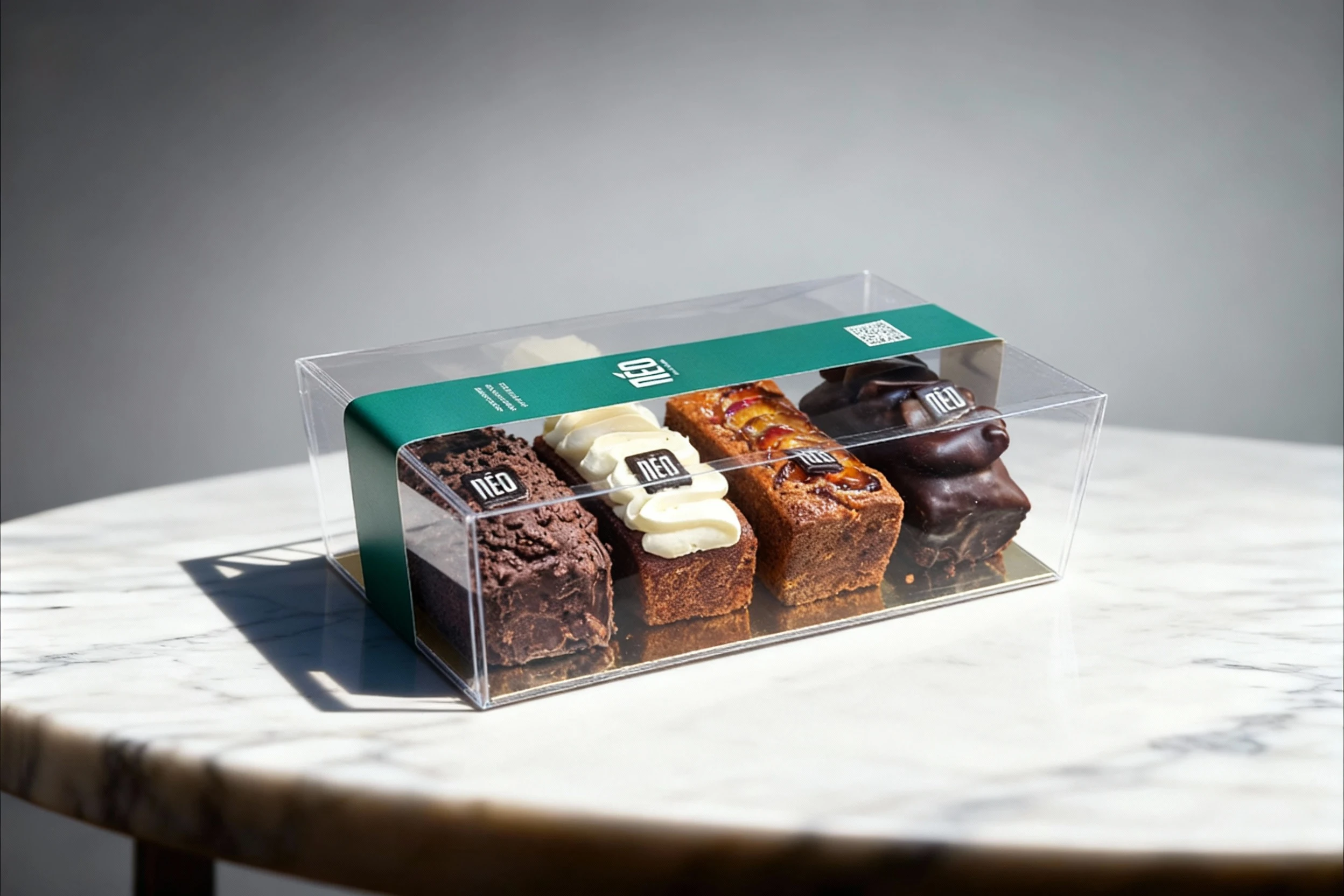A sampler box containing four individual mini loaf cakes of different varieties, including dark chocolate crunch, white cream cheese frosted, fruit-glazed, and