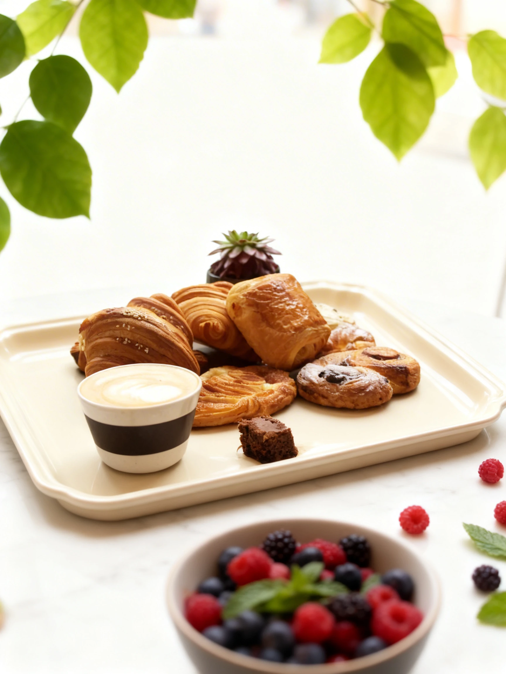 An assortment of French pastries including croissants, pain au chocolat, and danishes served with a latte and a bite-sized chocolate brownie.