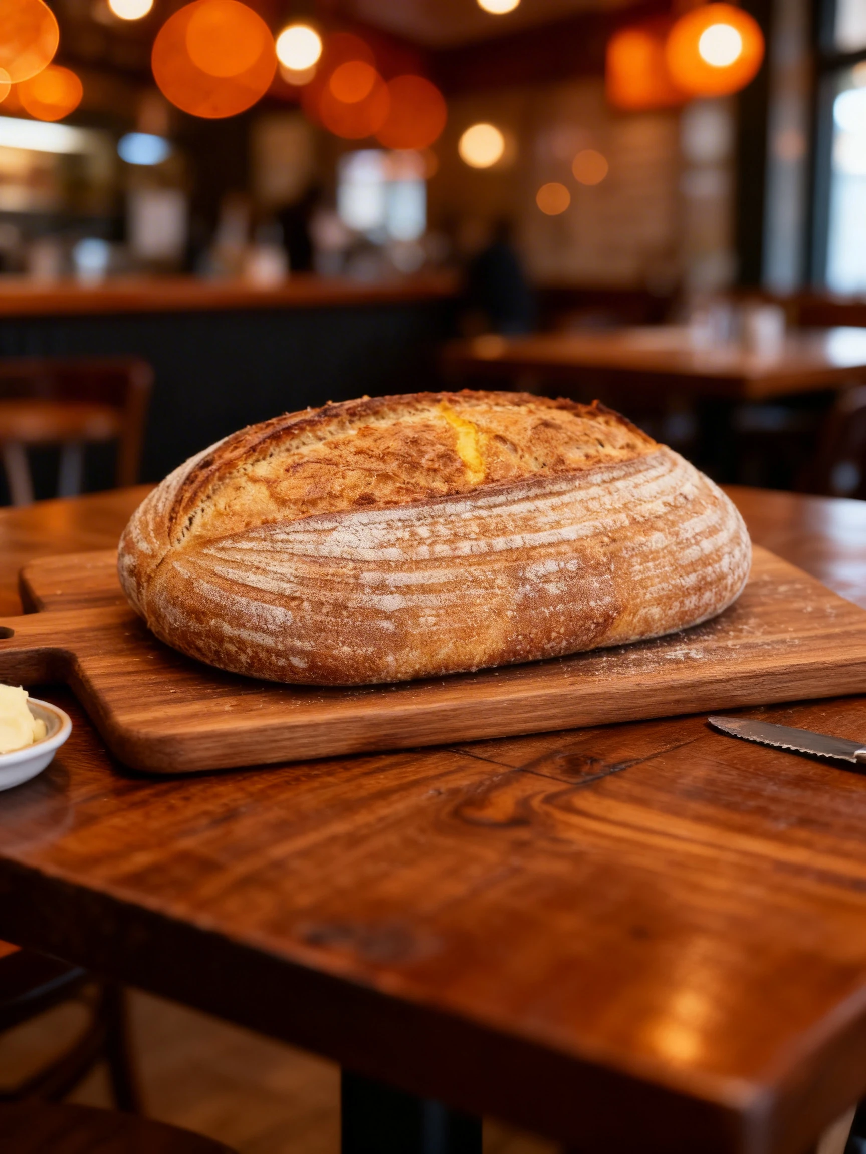 An oval loaf of crusty sourdough bread with a flour-dusted surface and a golden scoring mark, presented on a wooden board.